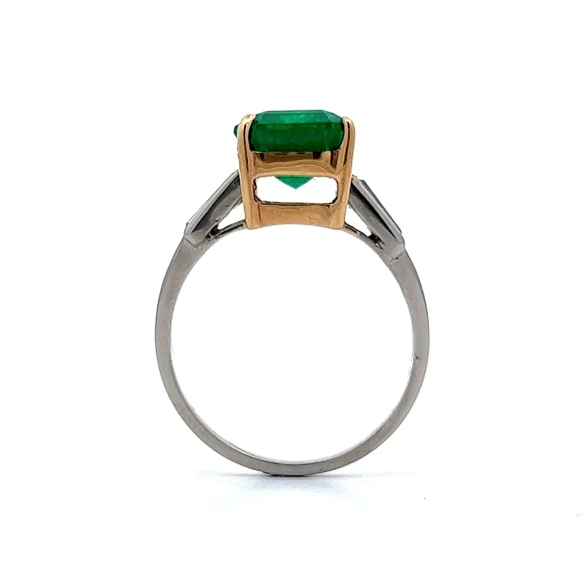 Step Cut Emerald & Diamond Ring in Platinum & 14k Yellow Gold - Image 4