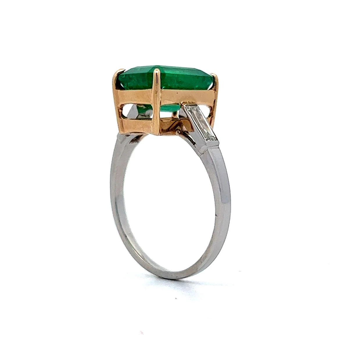 Step Cut Emerald & Diamond Ring in Platinum & 14k Yellow Gold - Image 5