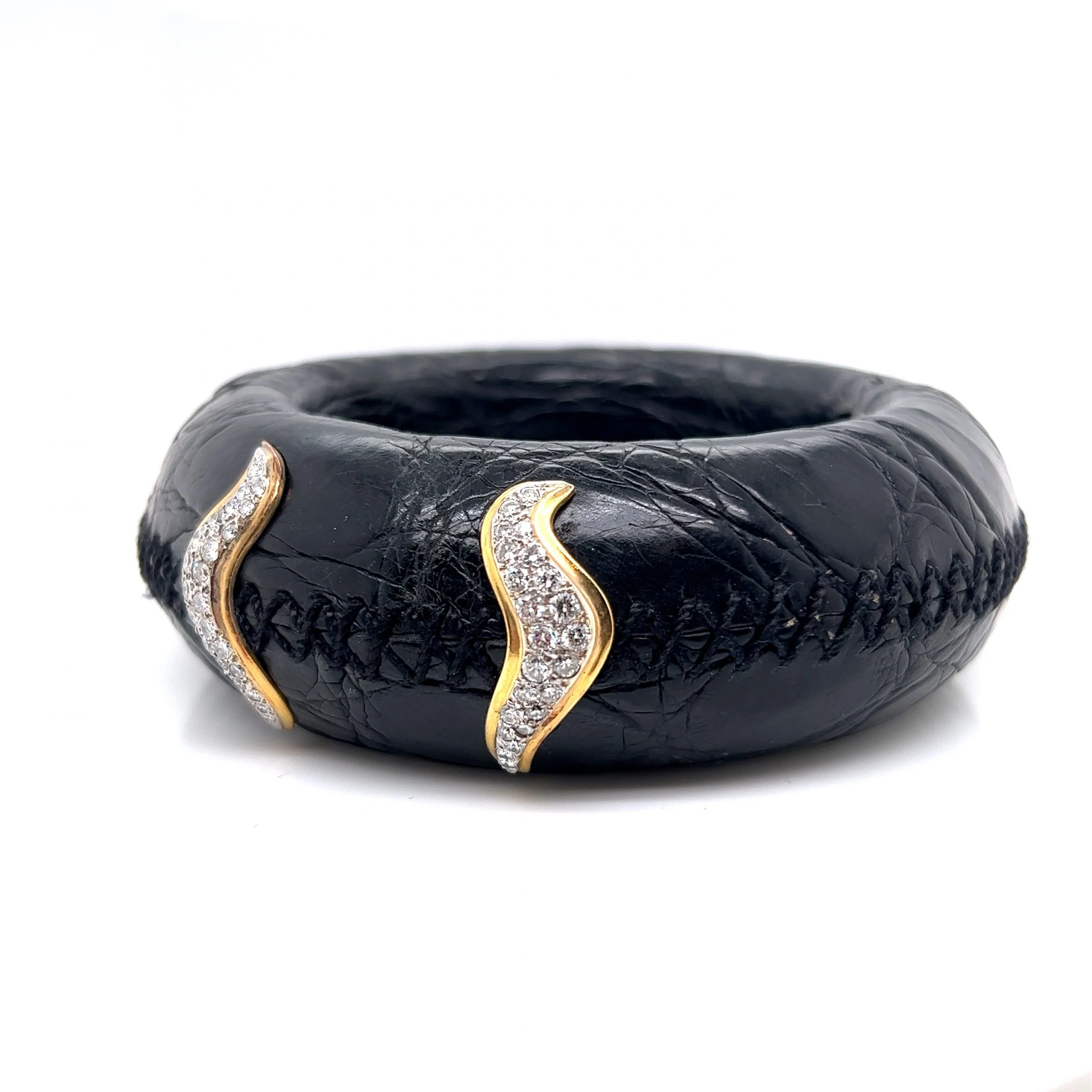 Stitched Leather & Diamond Bangle Bracelet in 14k Yellow Gold - Image 2