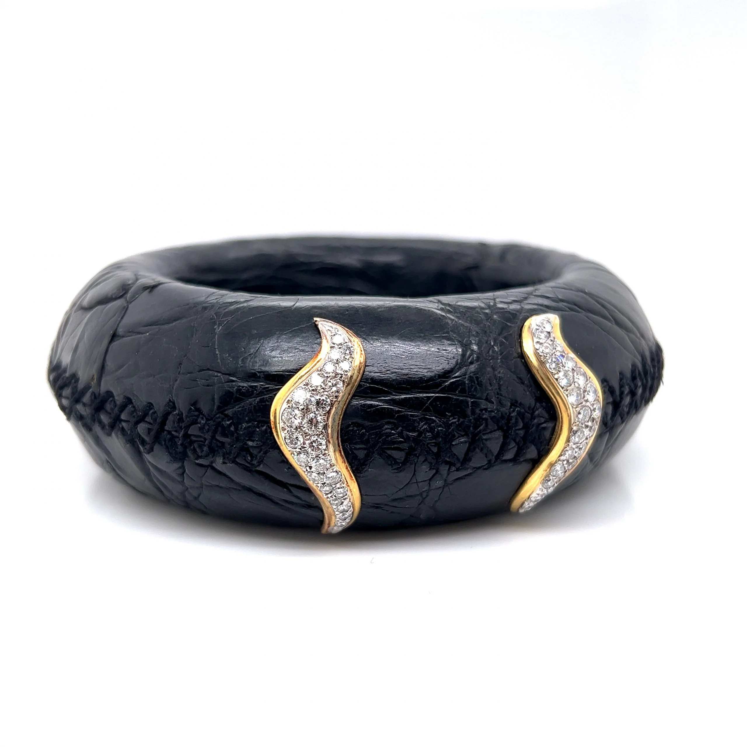 Stitched Leather & Diamond Bangle Bracelet in 14k Yellow Gold - Image 3