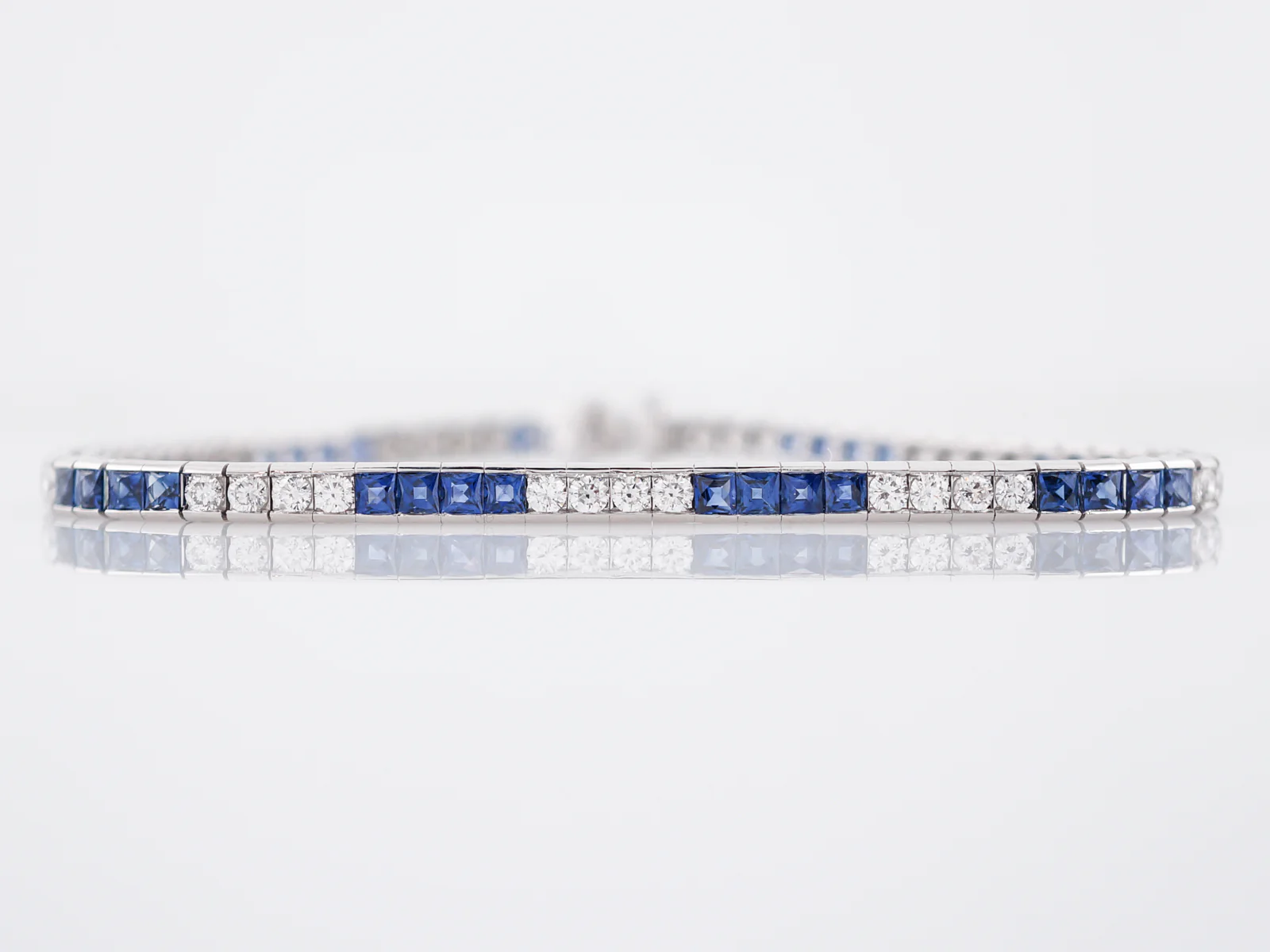 Straight Line Bracelet Modern 1.80 Round Brilliant Cut Diamonds & 4.06 French Cut Sapphires in Platinum