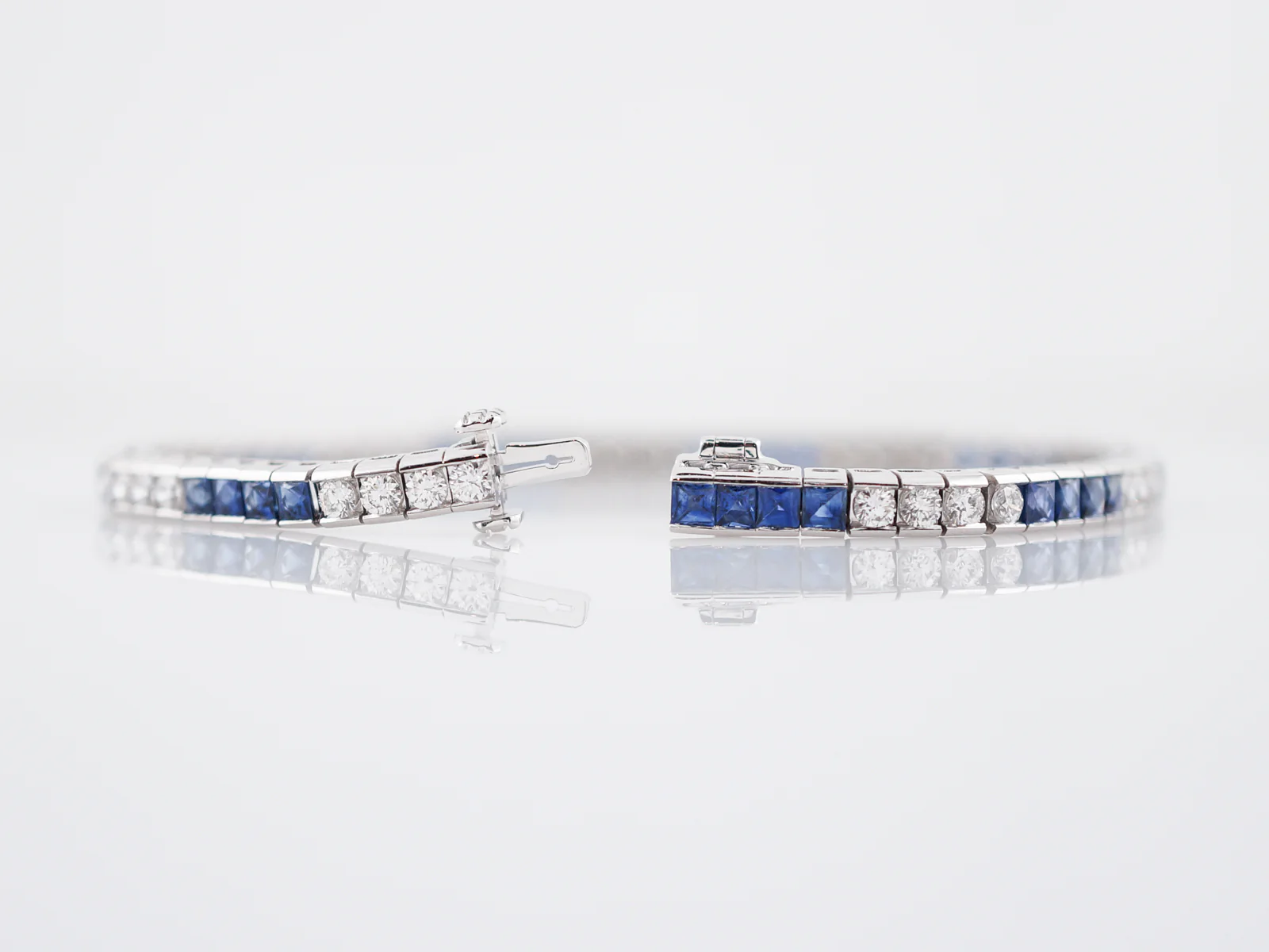 Straight Line Bracelet Modern 1.80 Round Brilliant Cut Diamonds & 4.06 French Cut Sapphires in Platinum - Image 2
