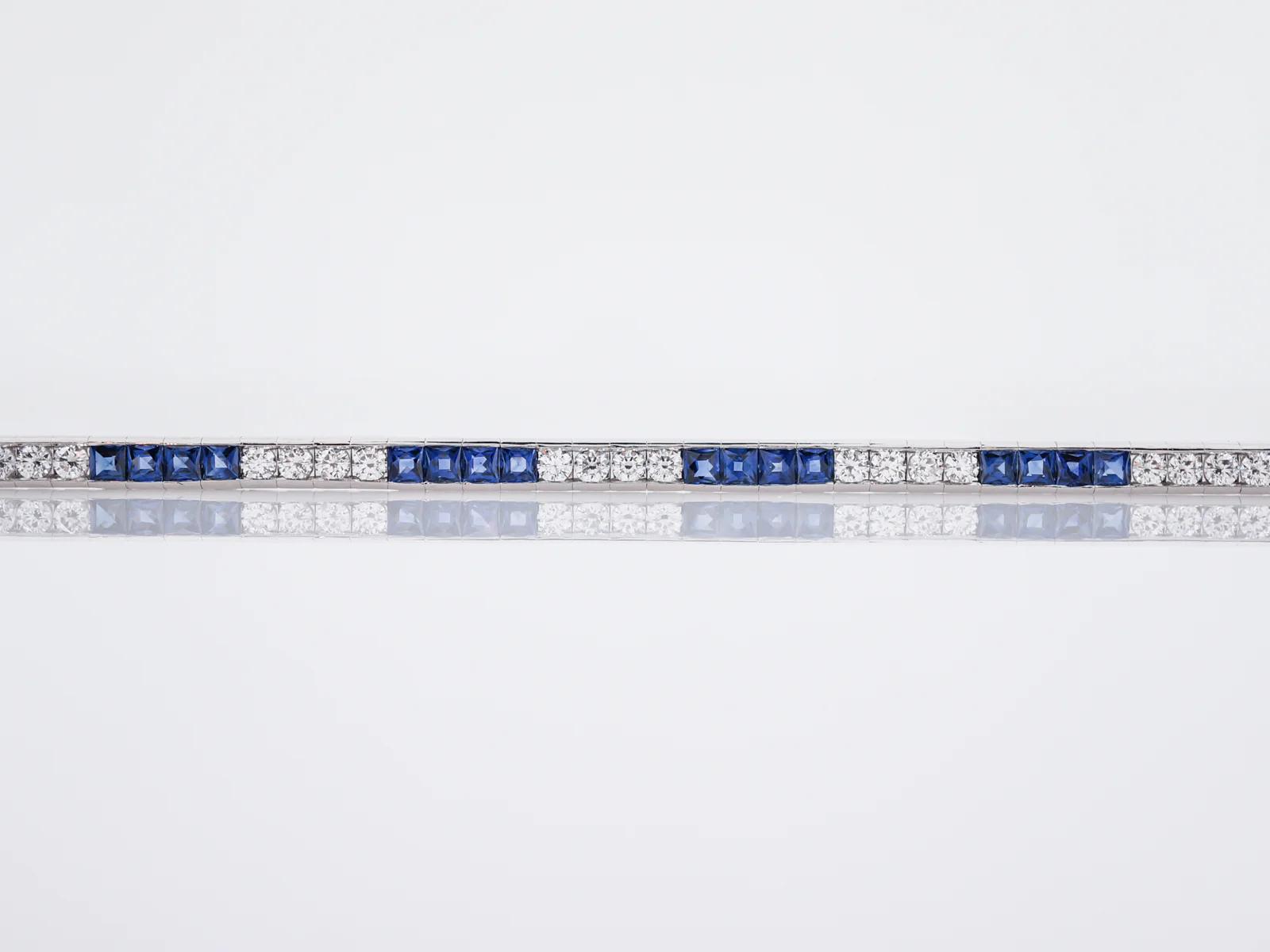 Straight Line Bracelet Modern 1.80 Round Brilliant Cut Diamonds & 4.06 French Cut Sapphires in Platinum - Image 3