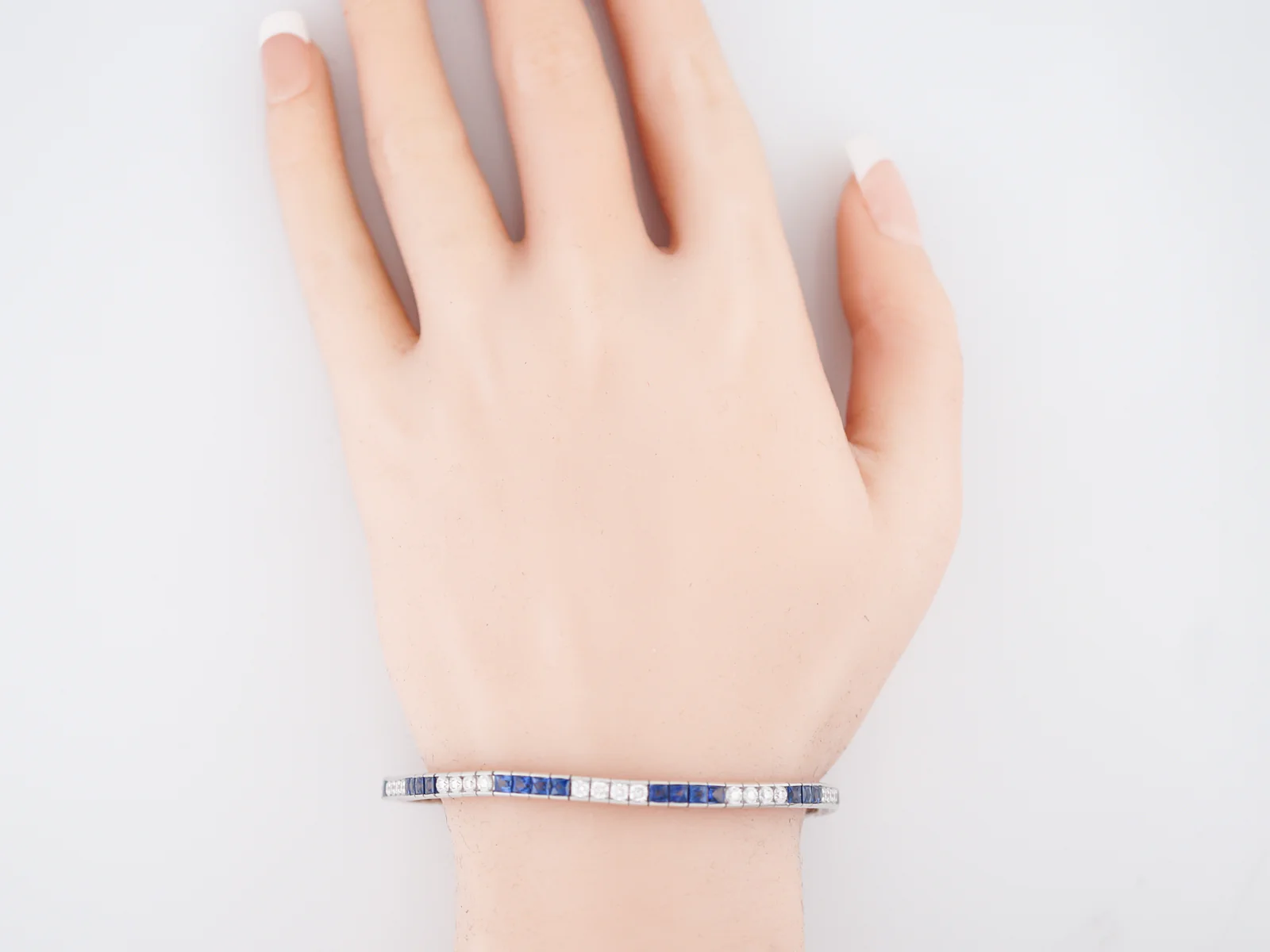 Straight Line Bracelet Modern 1.80 Round Brilliant Cut Diamonds & 4.06 French Cut Sapphires in Platinum - Image 4