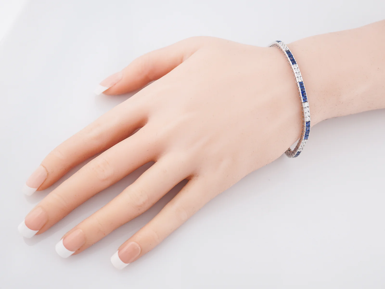 Straight Line Bracelet Modern 1.80 Round Brilliant Cut Diamonds & 4.06 French Cut Sapphires in Platinum - Image 5