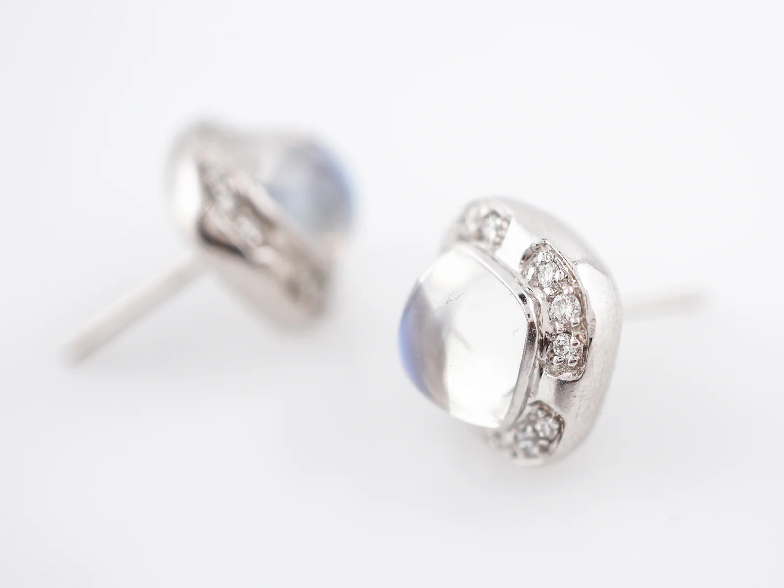 Stud Earrings Modern 2.50 Sugarloaf Cabochon Cut Moonstones & Round Brilliant Cut Diamonds in 14k White Gold - Image 2