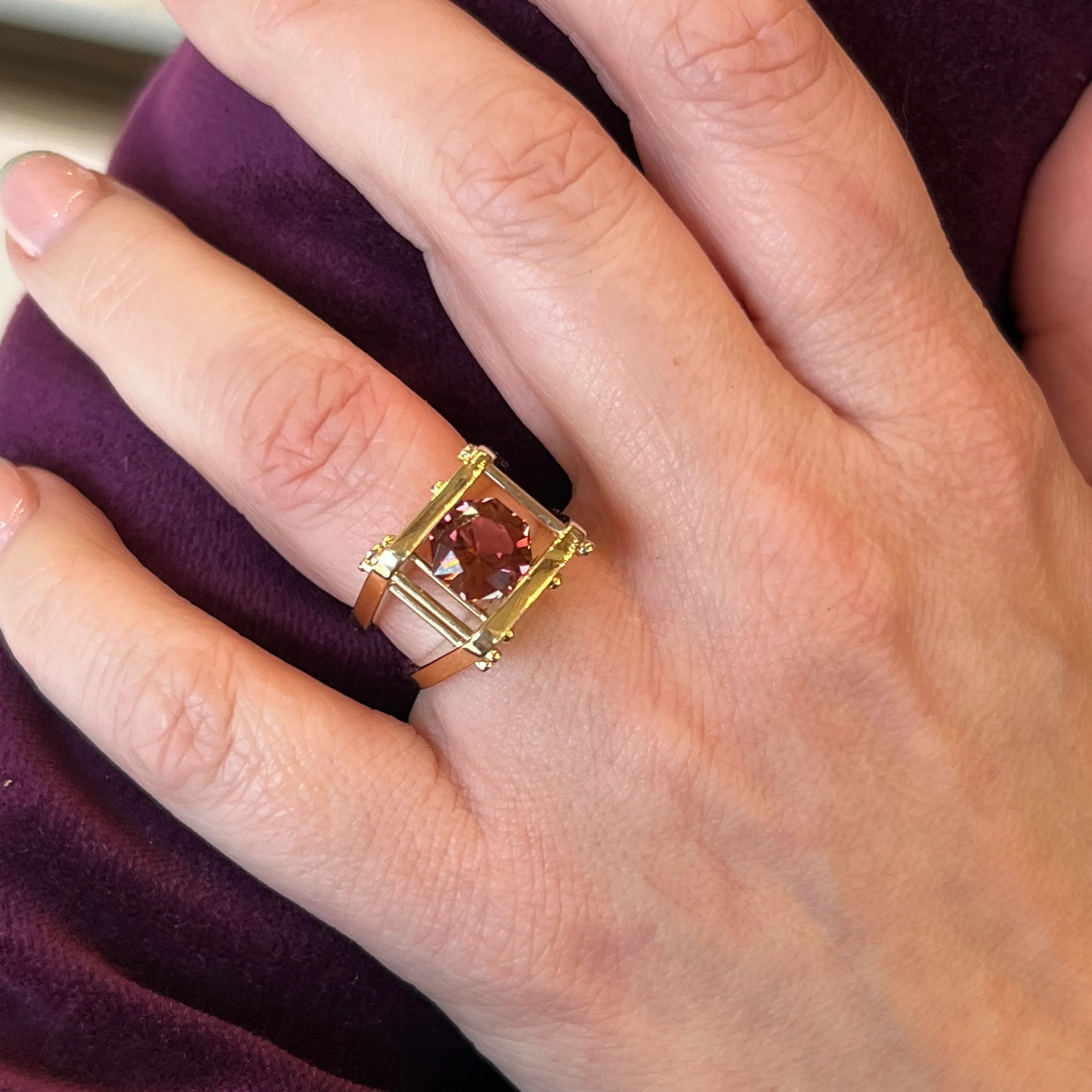 Suspended Rubellite Tourmaline Cocktail Ring in 14k Yellow Gold - Image 6