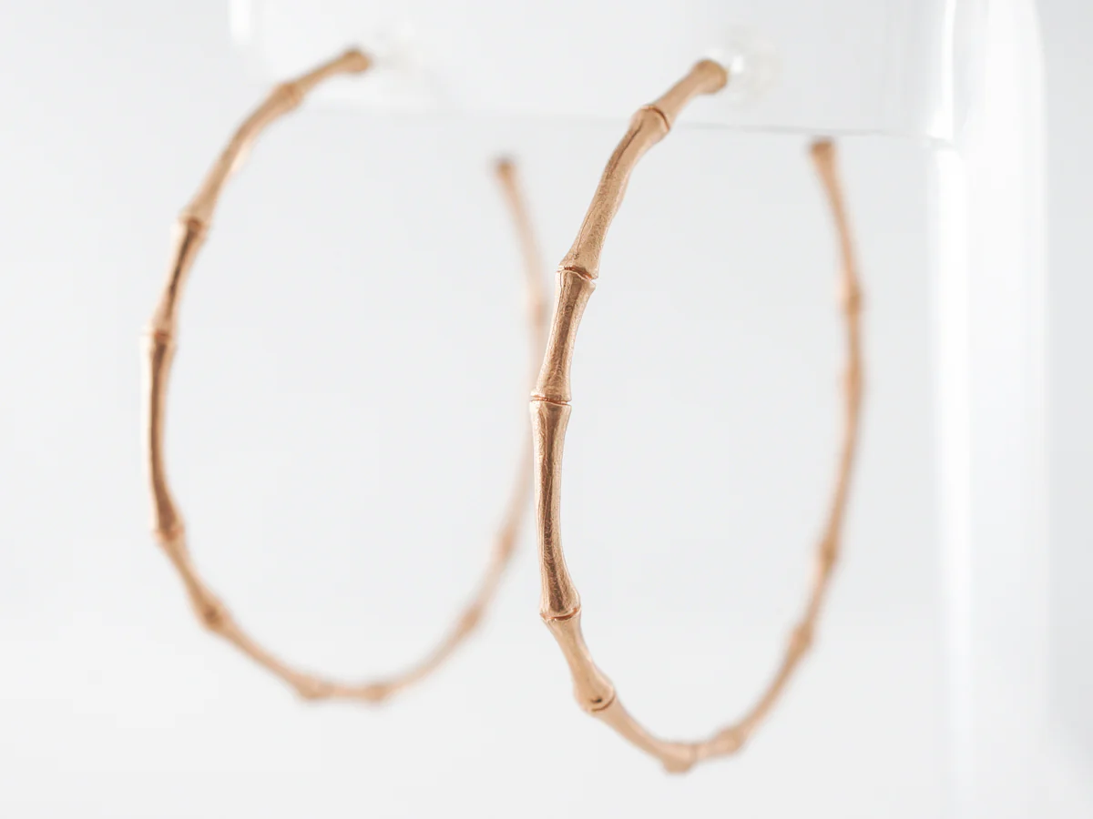 Textured Bamboo Hoop Earrings in Rose Gold. - Image 2