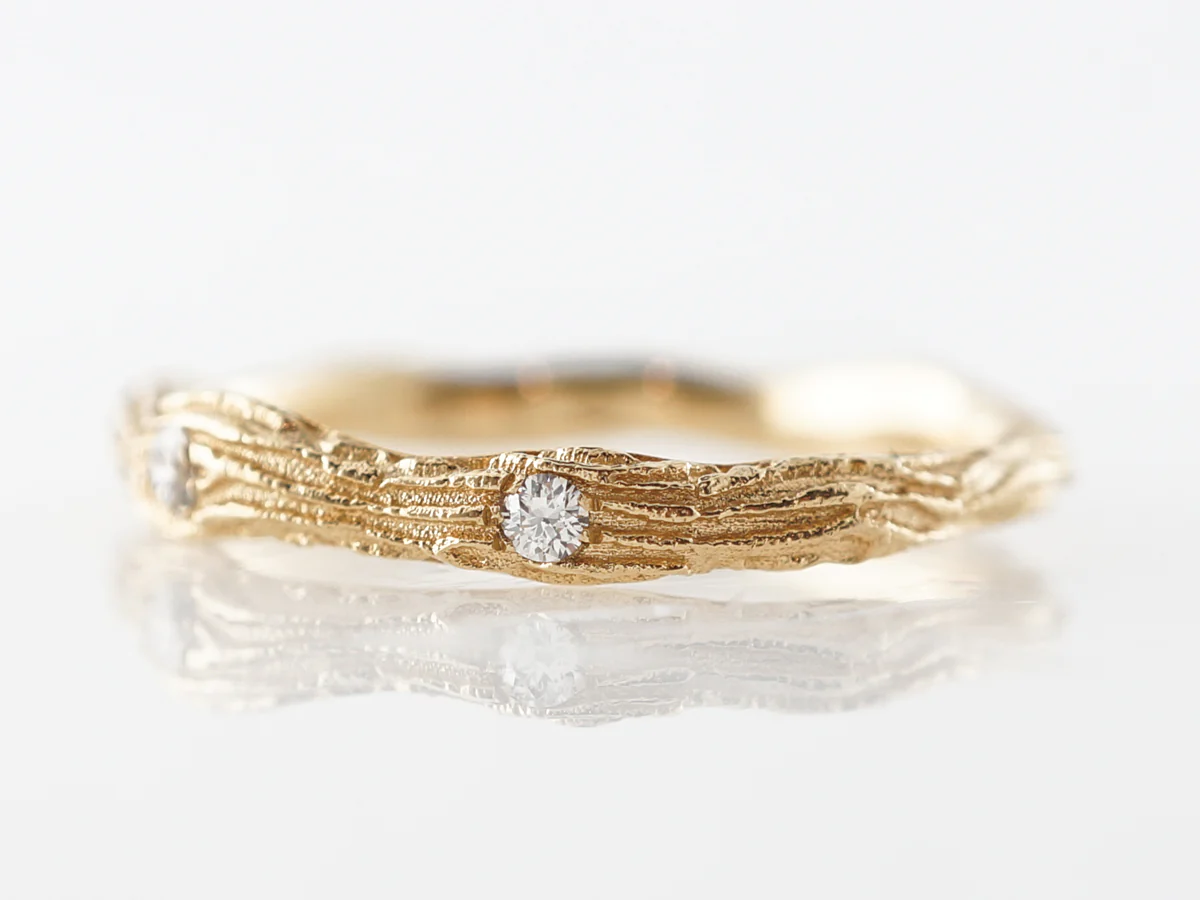 Textured Yellow Gold & Diamond Wedding Band 18k - Image 2