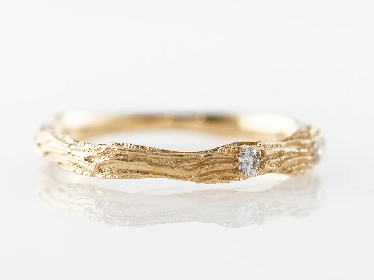 Textured Yellow Gold & Diamond Wedding Band 18k - Image 3