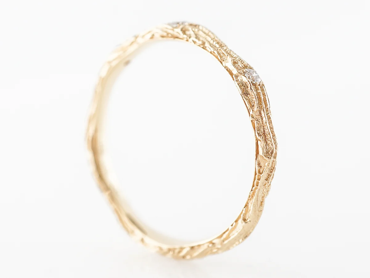 Textured Yellow Gold & Diamond Wedding Band 18k - Image 5