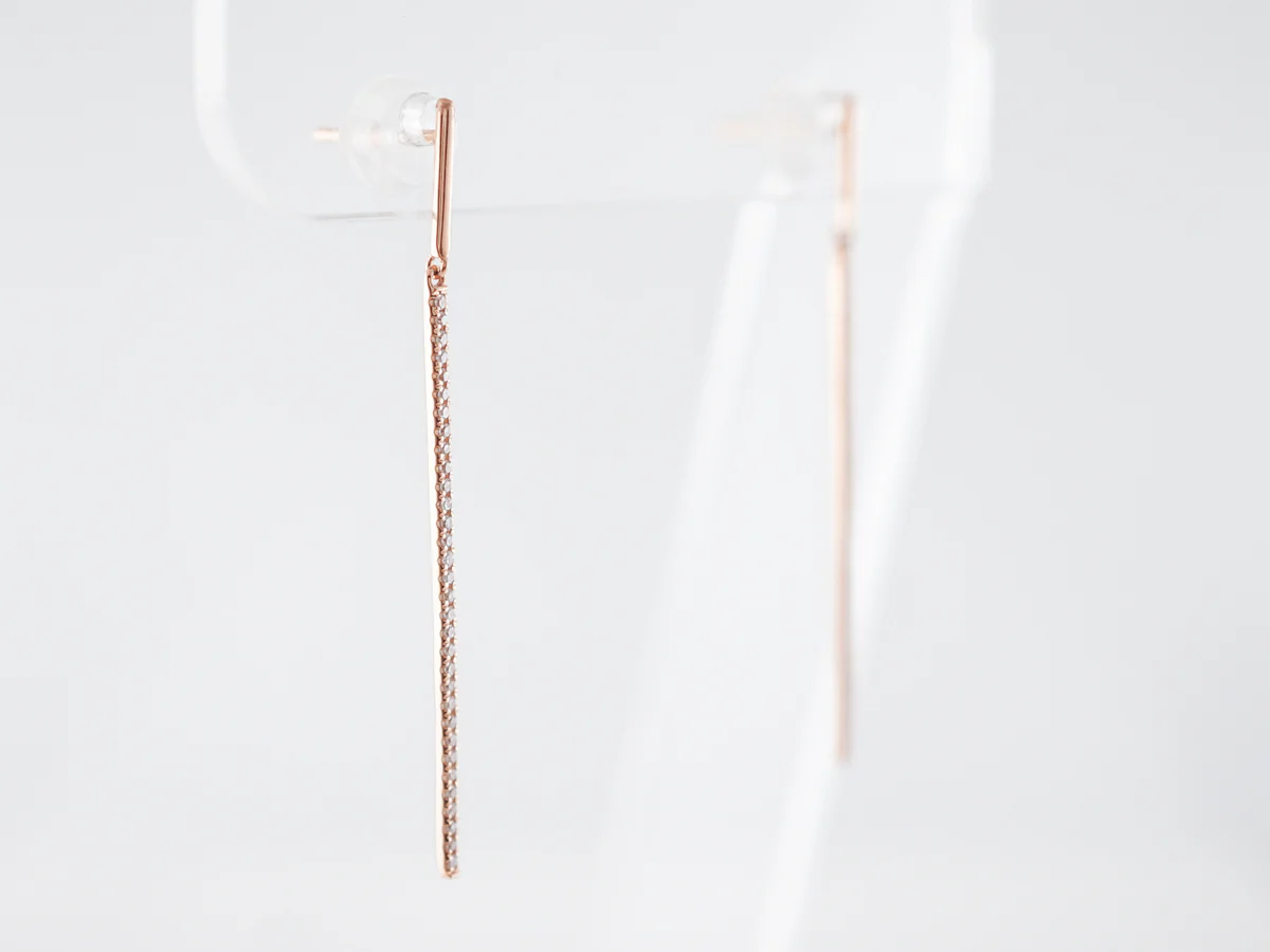 Thin Diamond Dangle Earrings in 18k Rose Gold - Image 2