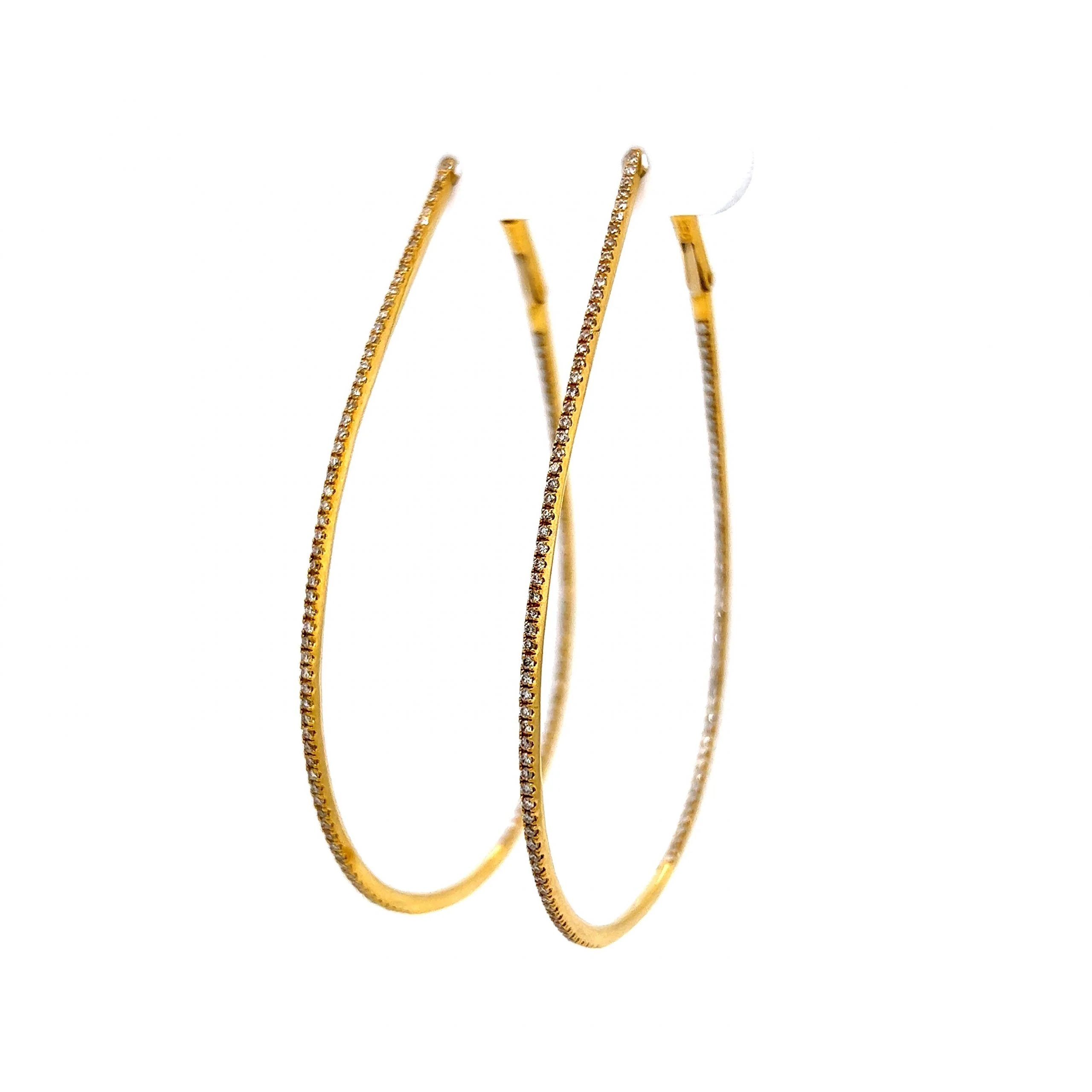 Thin Teardrop Diamond Hoop Earrings in 18k Yellow Gold - Image 2
