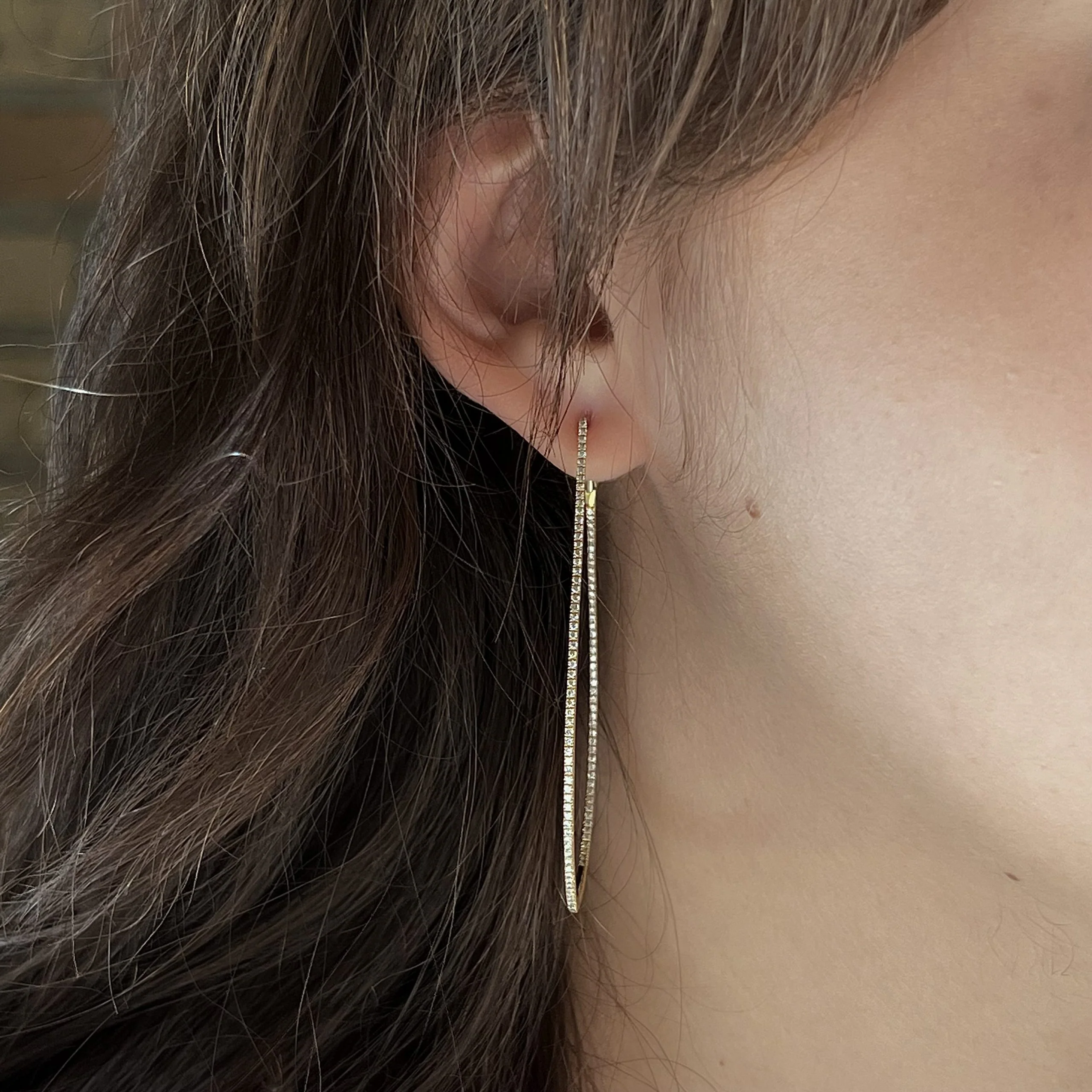 Thin Teardrop Diamond Hoop Earrings in 18k Yellow Gold - Image 4