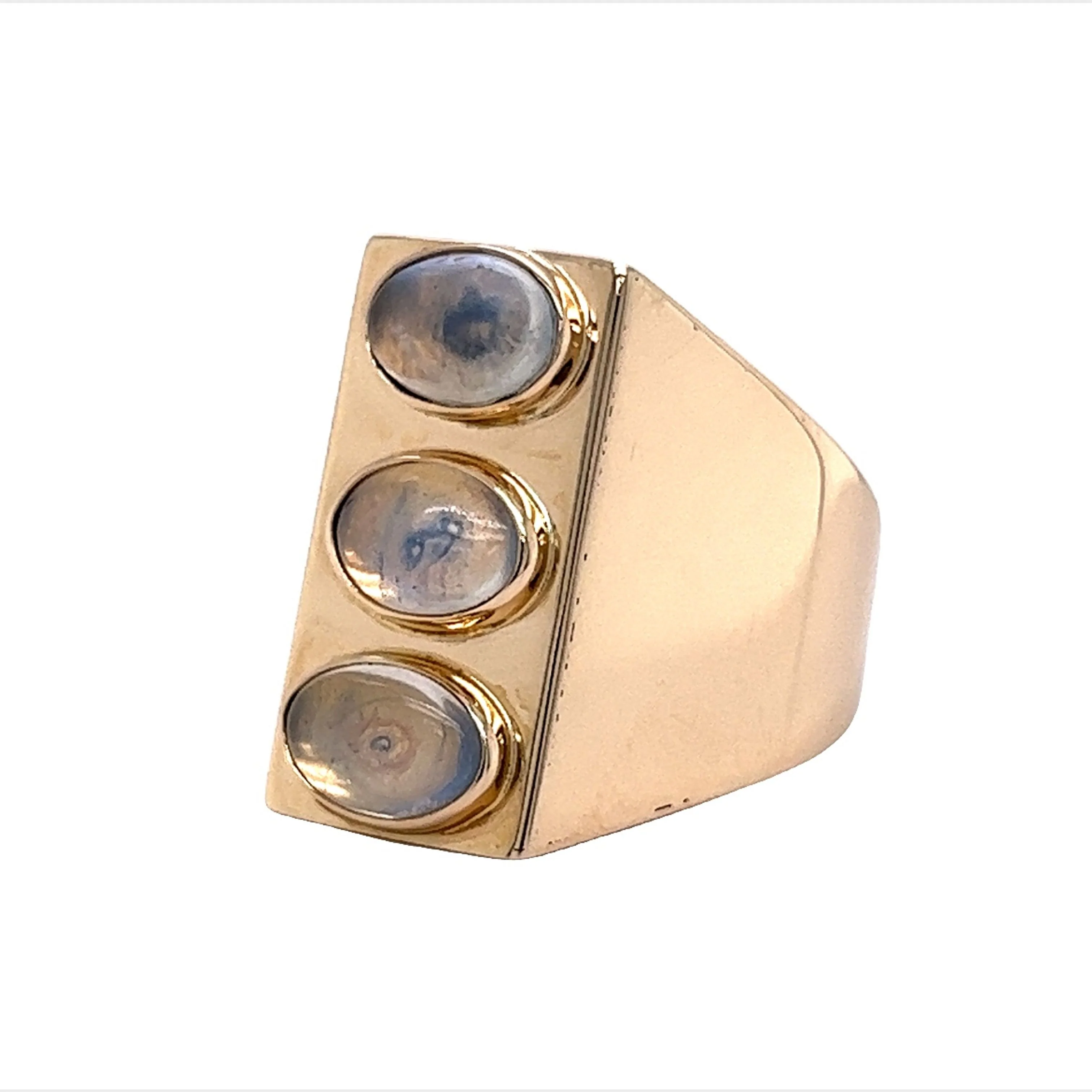 Three Stone Bezel Set Moonstone Cocktail Ring in 14k Yellow Gold - Image 2