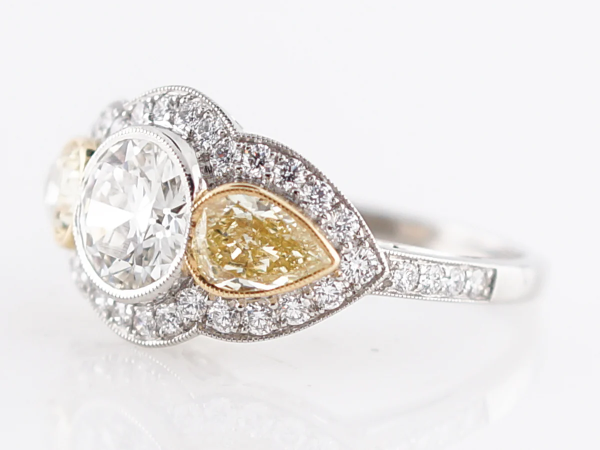 Three Stone Diamond Halo Engagement Ring in Platinum - Image 2