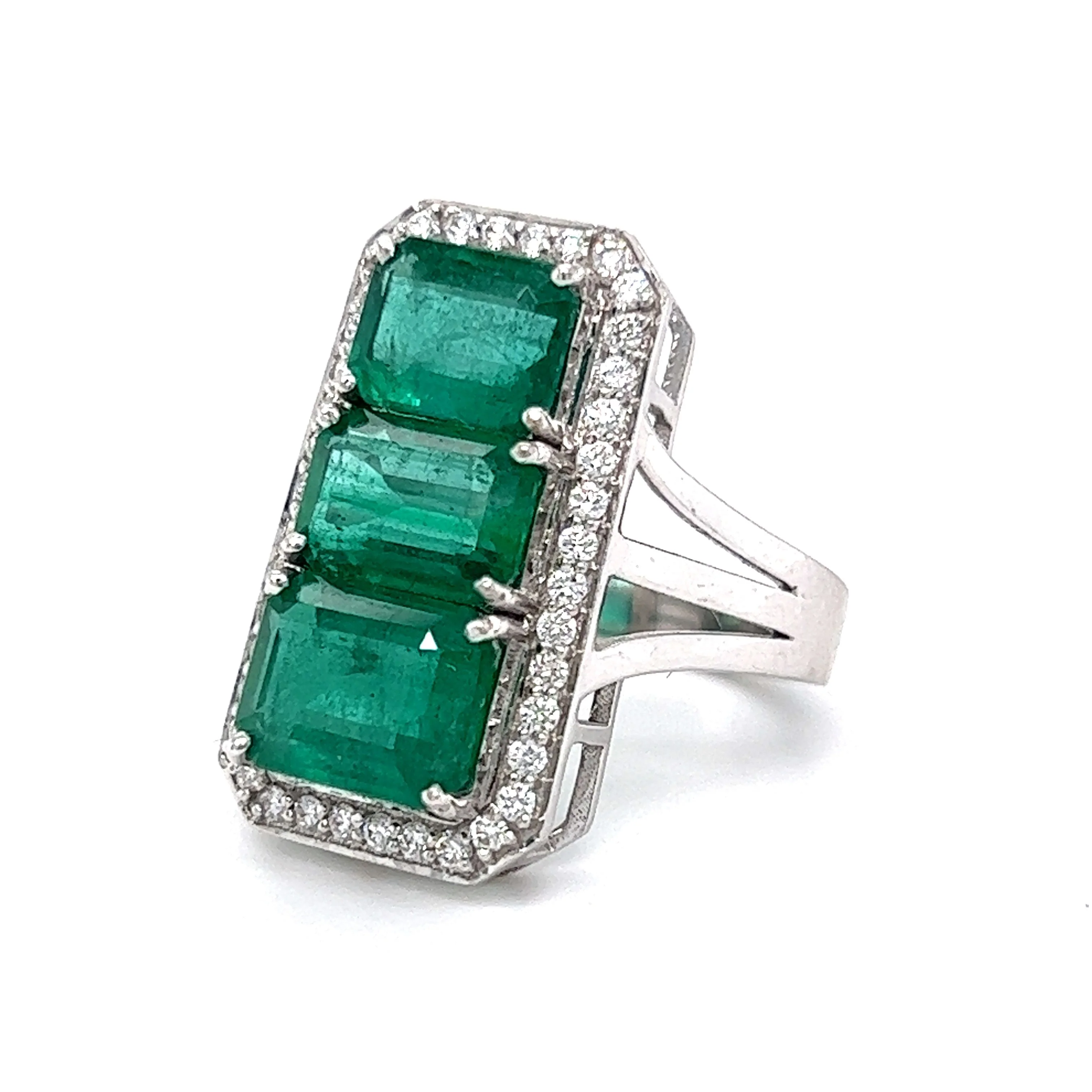 Three Stone Emerald & Diamond Cocktail Ring in 18k White Gold - Image 2
