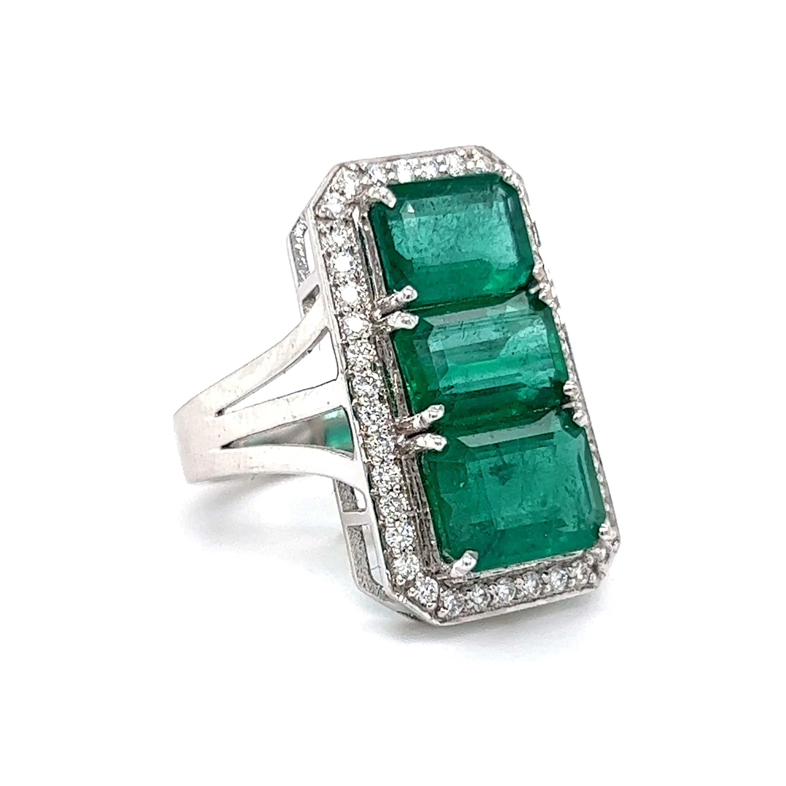 Three Stone Emerald & Diamond Cocktail Ring in 18k White Gold - Image 3