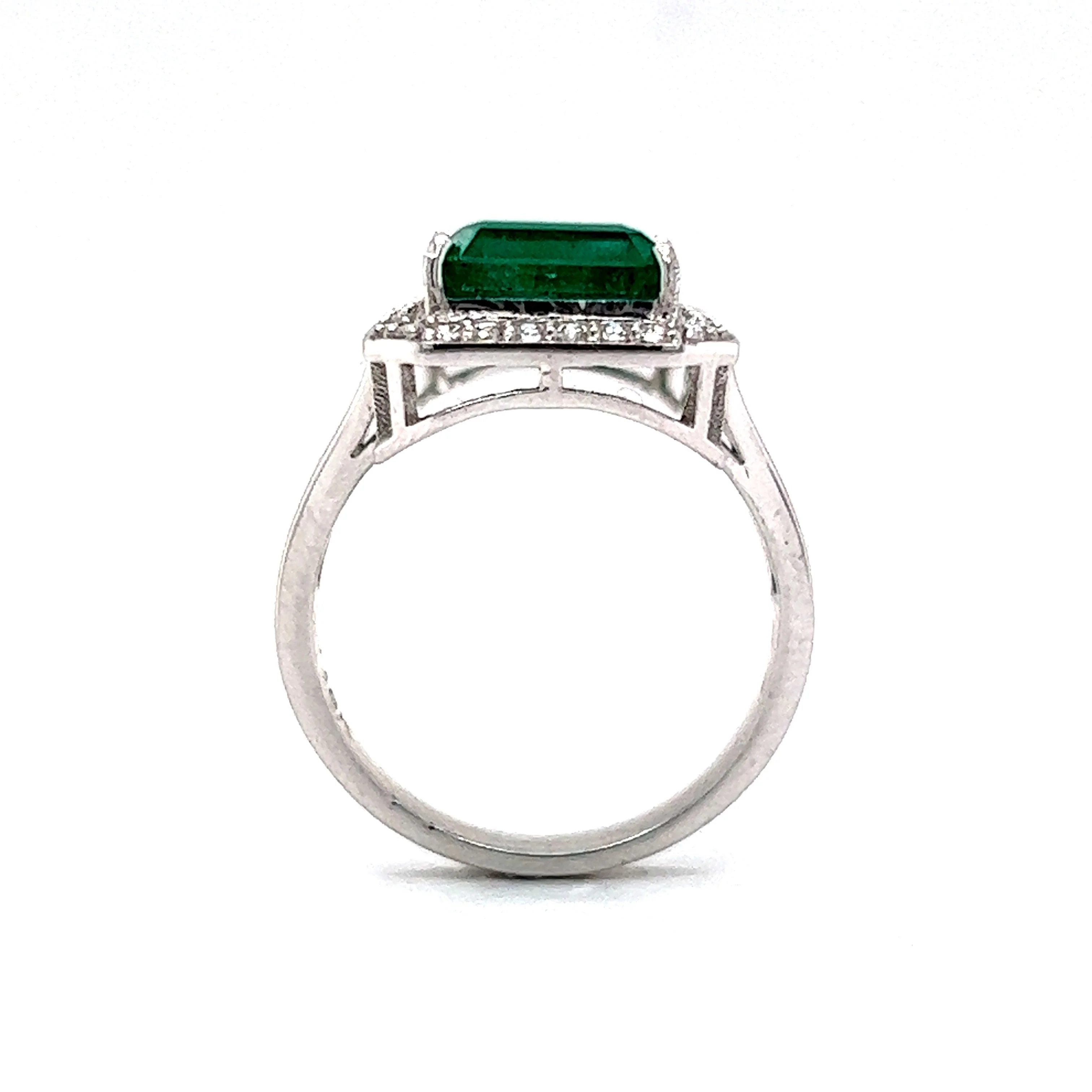 Three Stone Emerald & Diamond Cocktail Ring in 18k White Gold - Image 4