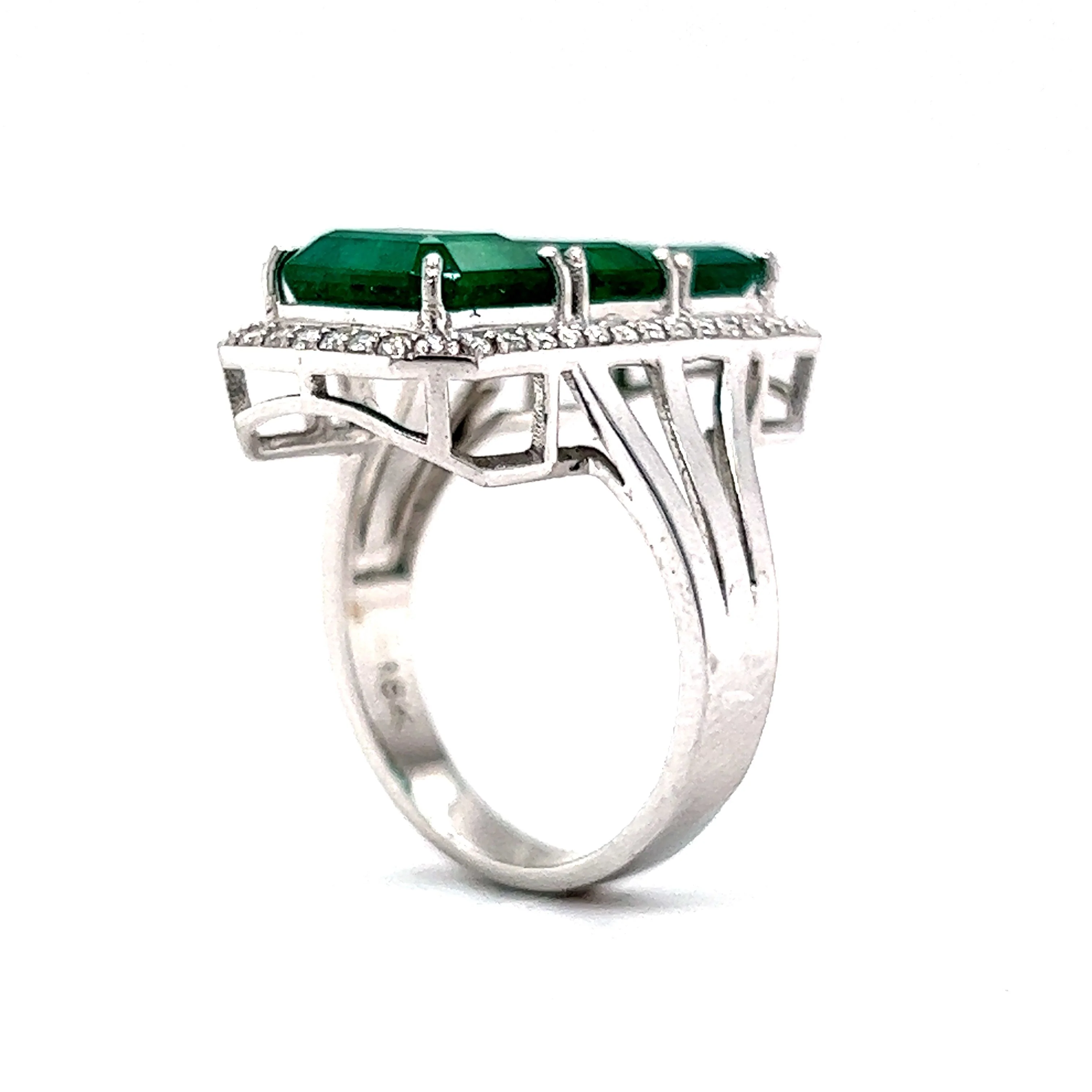 Three Stone Emerald & Diamond Cocktail Ring in 18k White Gold - Image 5