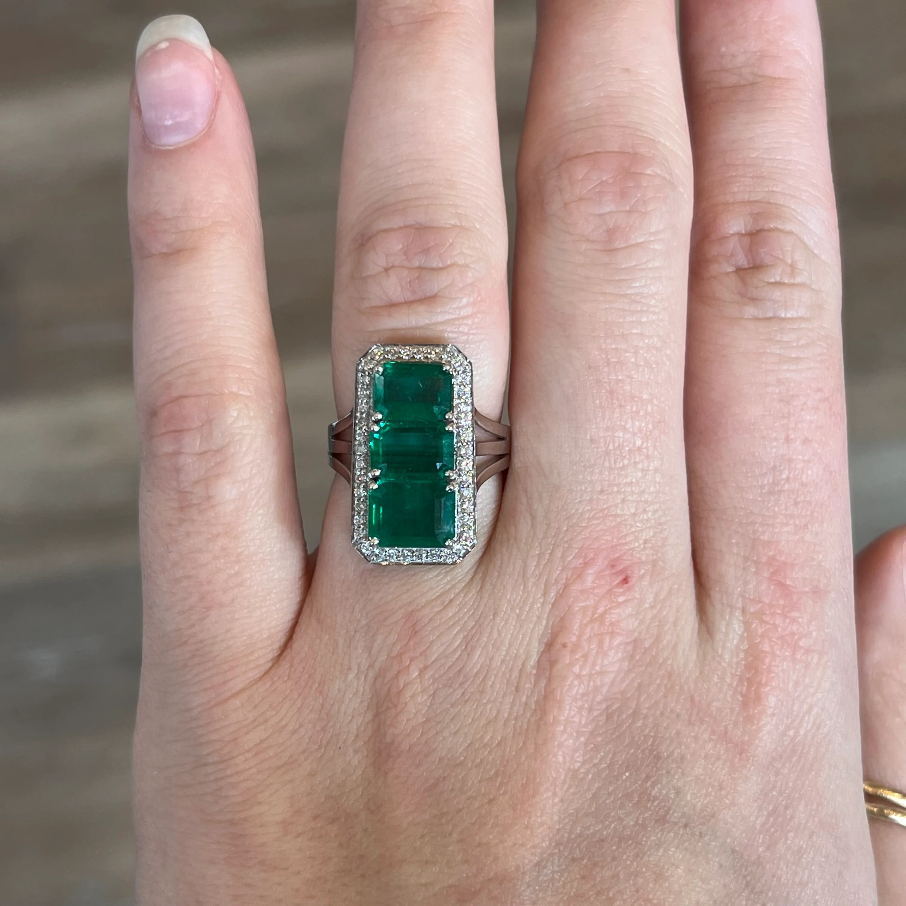 Three Stone Emerald & Diamond Cocktail Ring in 18k White Gold - Image 6