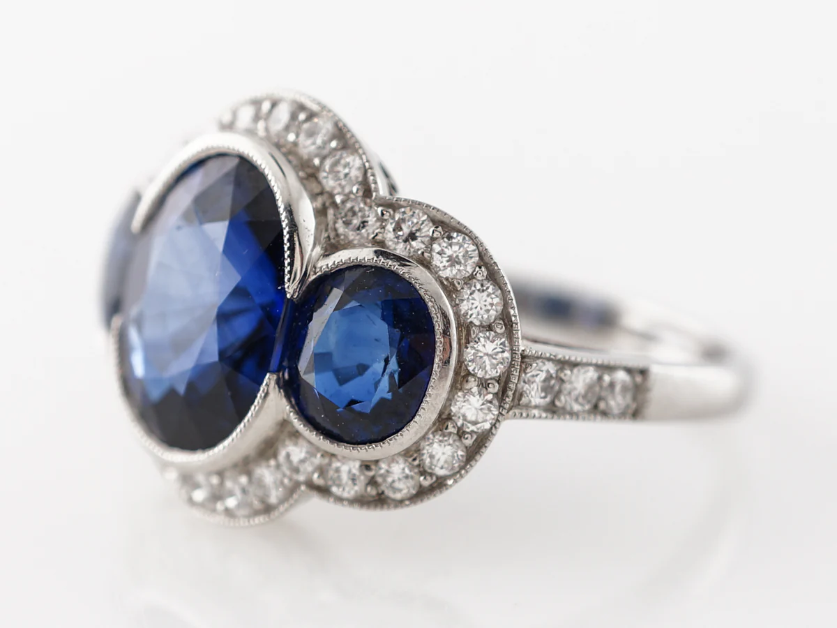 Three Stone Oval Sapphire & Diamond Ring in Platinum - Image 2