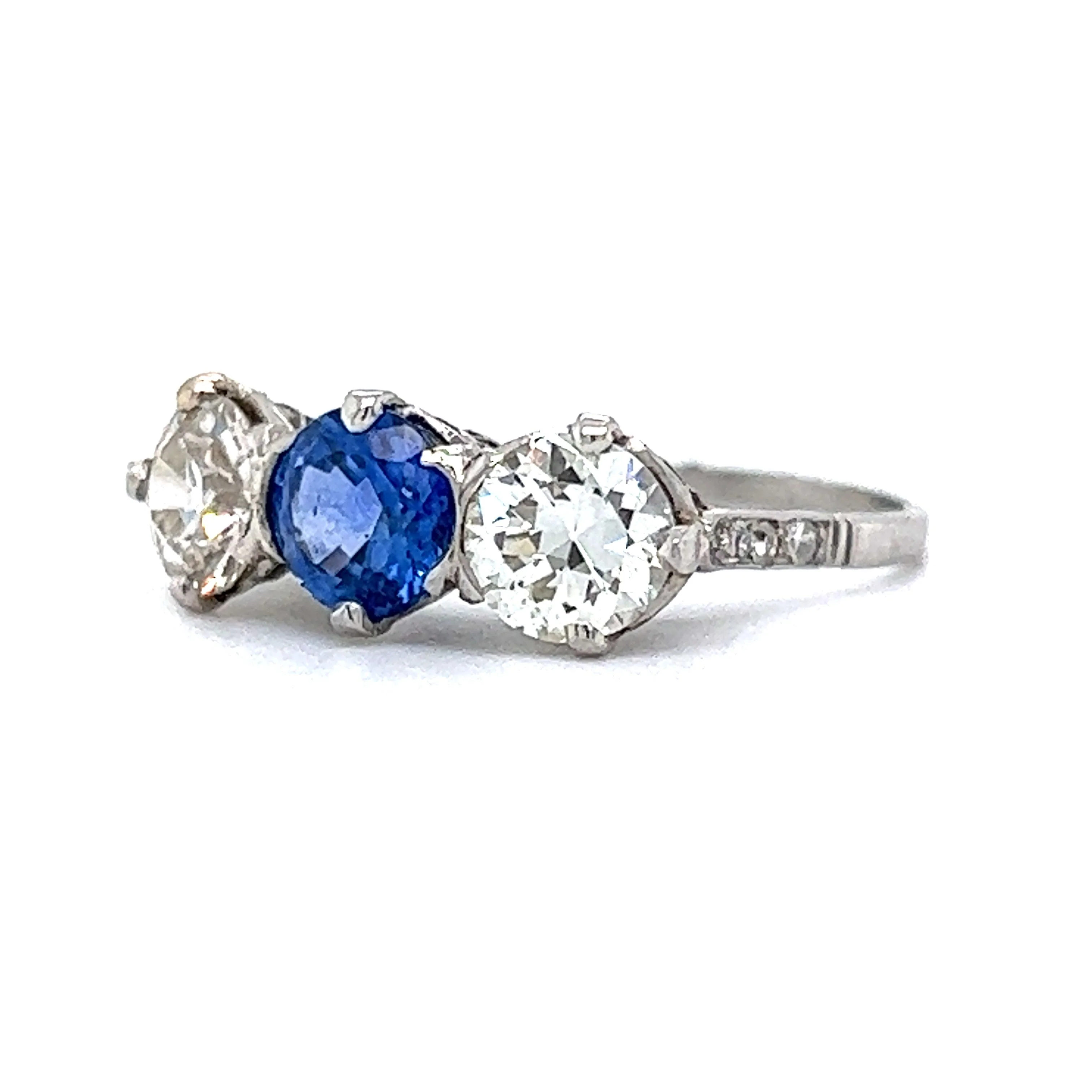 Vintage Art Deco Three Stone Sapphire & Diamond Engagement Ring in Platinum - Image 2