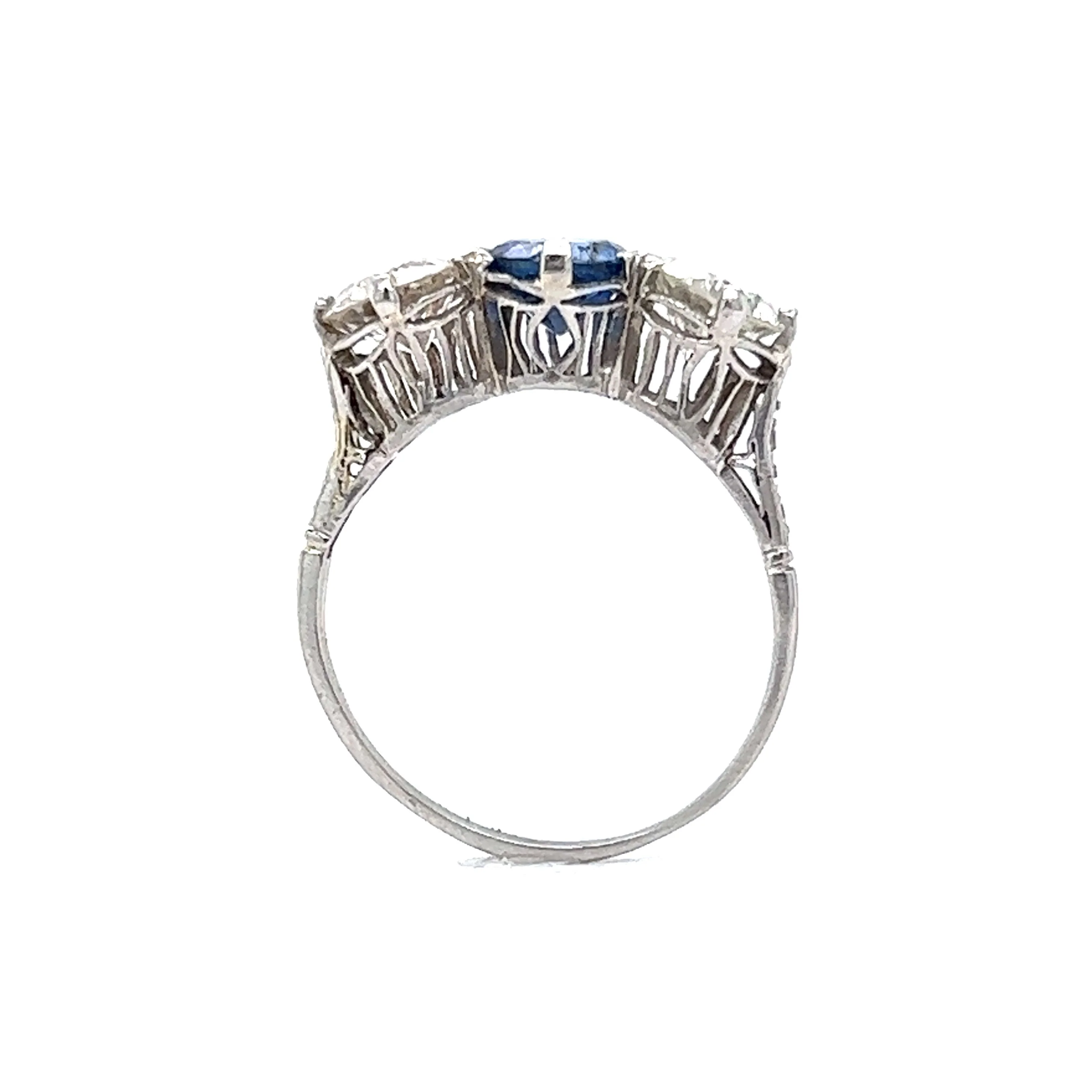 Vintage Art Deco Three Stone Sapphire & Diamond Engagement Ring in Platinum - Image 4