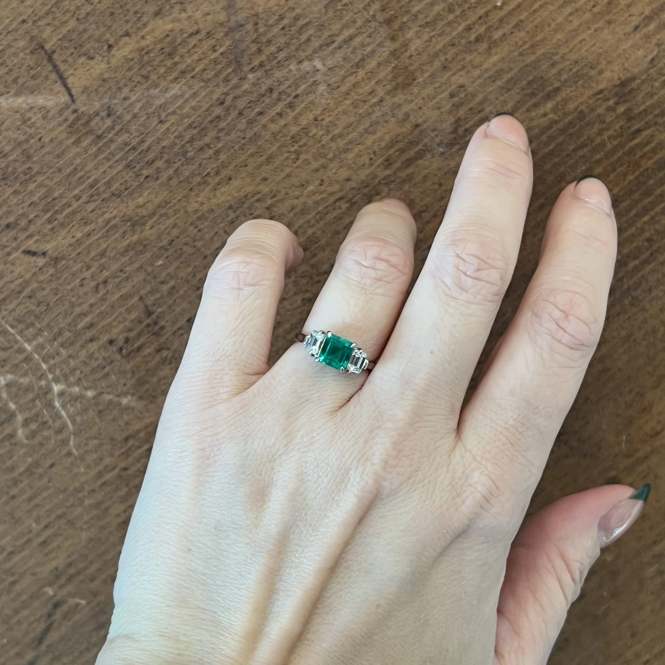 Three Stone 1.00 Square Cut Emerald & Diamond Ring in Platinum - Image 6