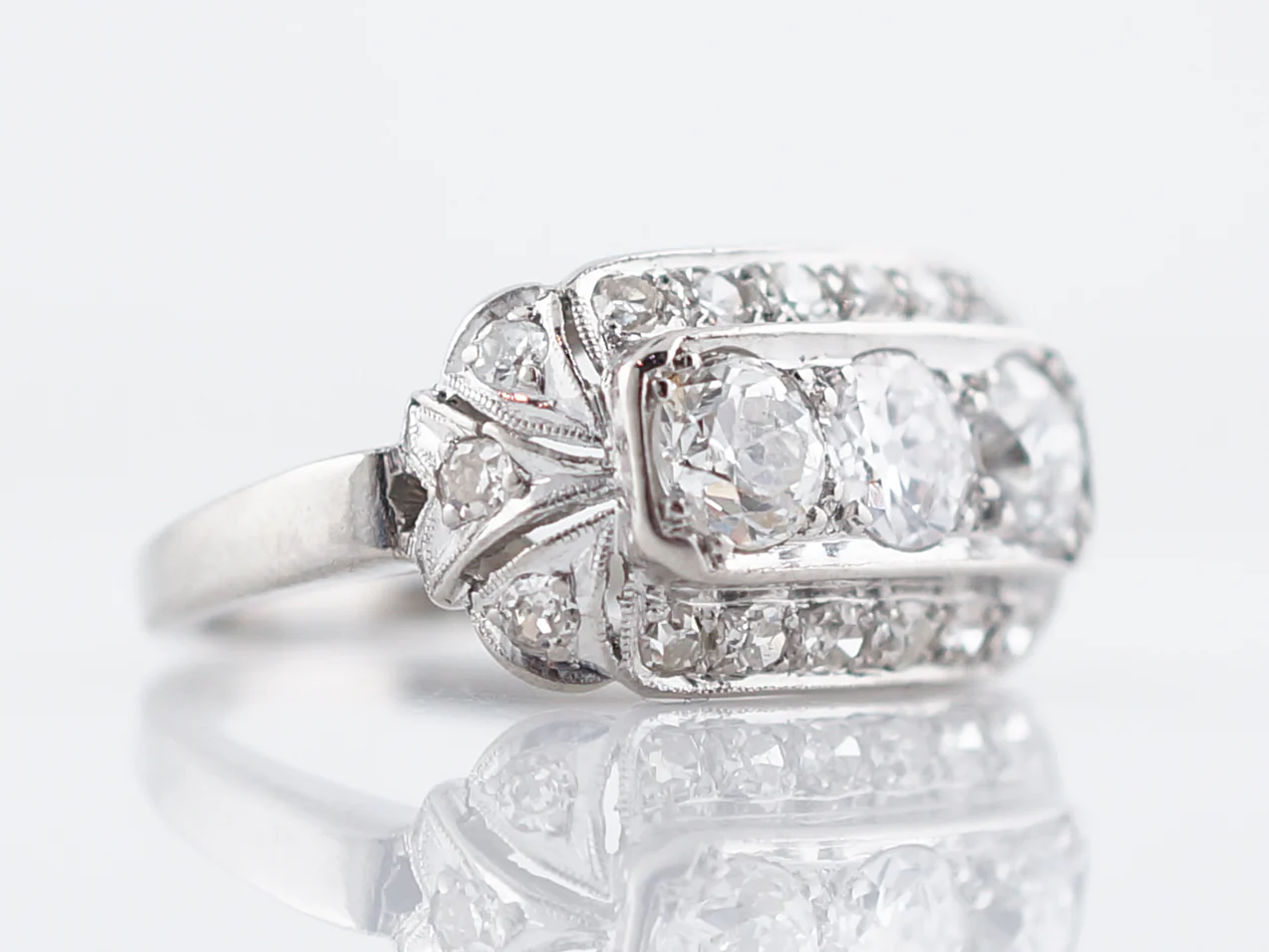 Three Stone Vintage Filigree Diamond Engagement Ring - Image 3