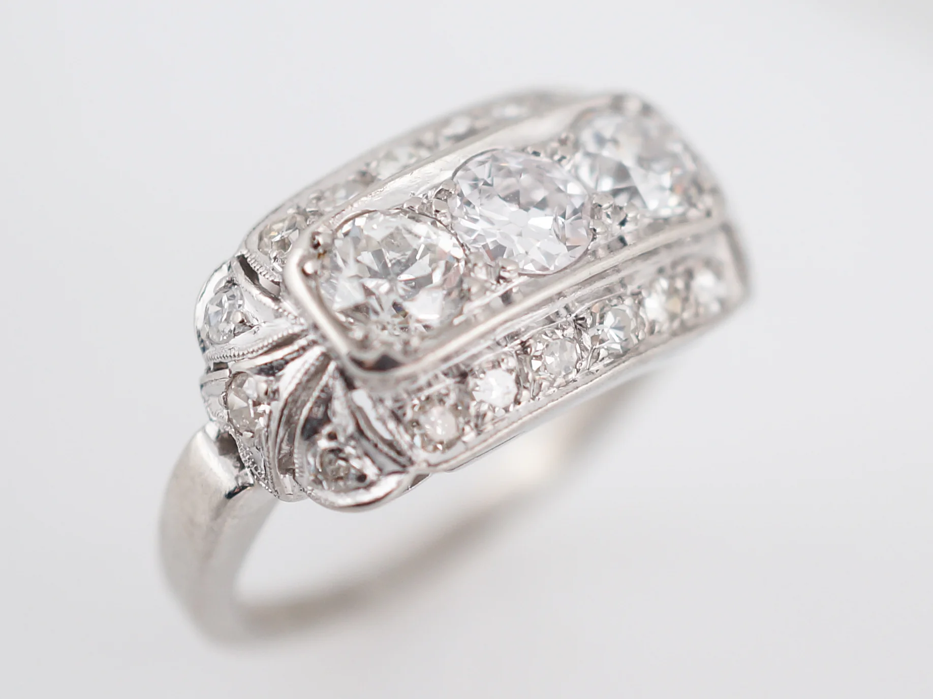 Three Stone Vintage Filigree Diamond Engagement Ring - Image 4