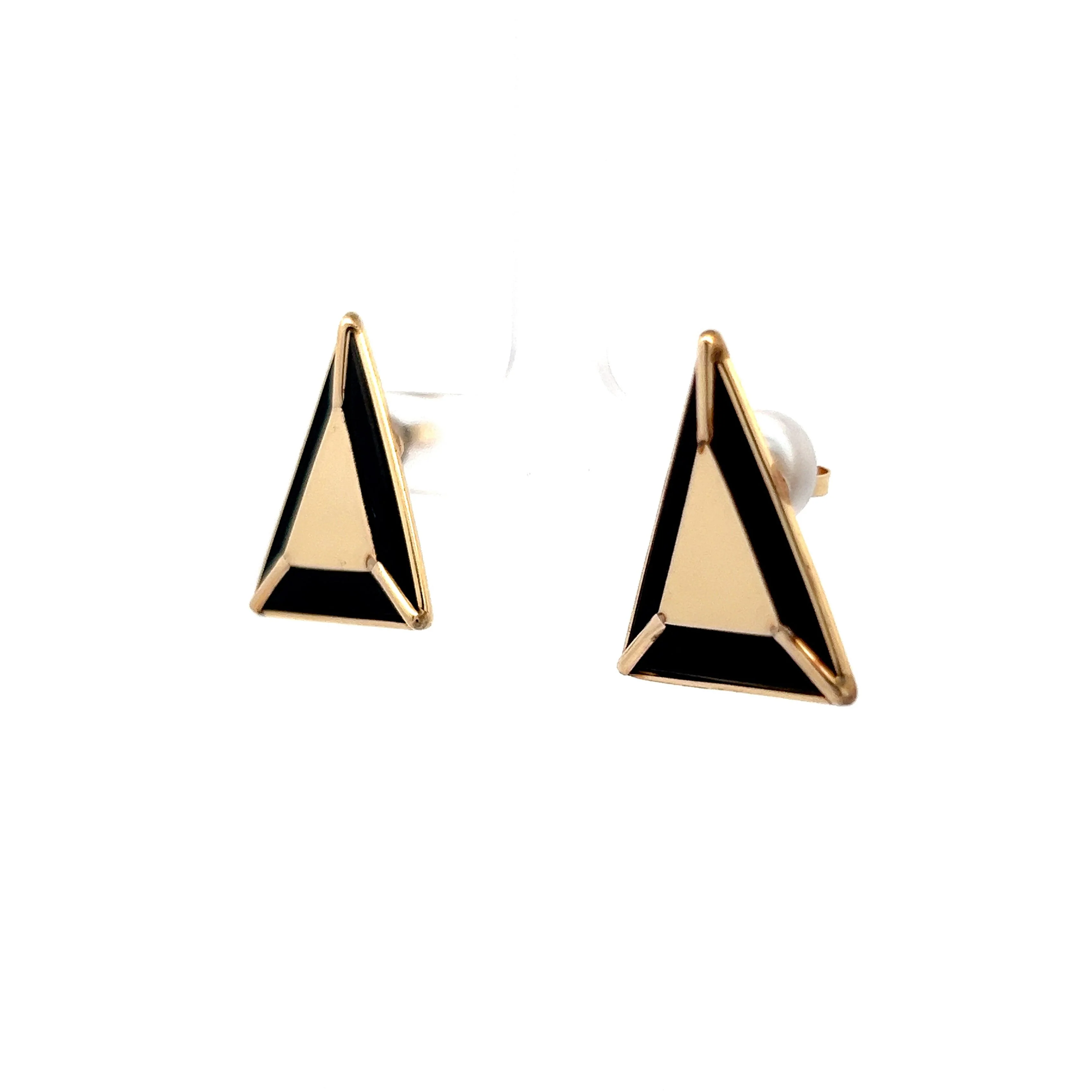 Triangle Stud Earrings with Onyx in 14k Yellow Gold - Image 2