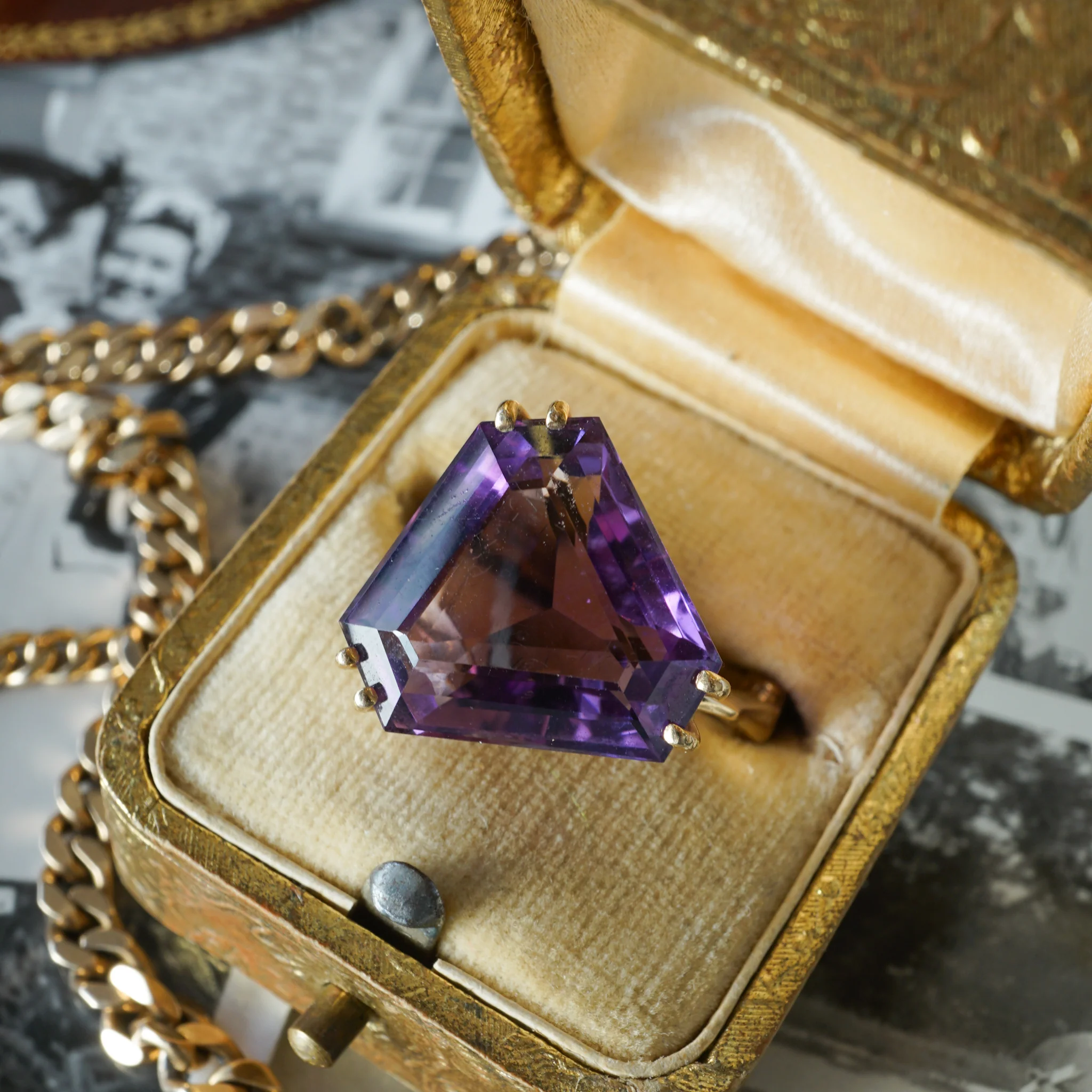 Triangular Amethyst Cocktail Ring in 14k Yellow Gold - Image 6