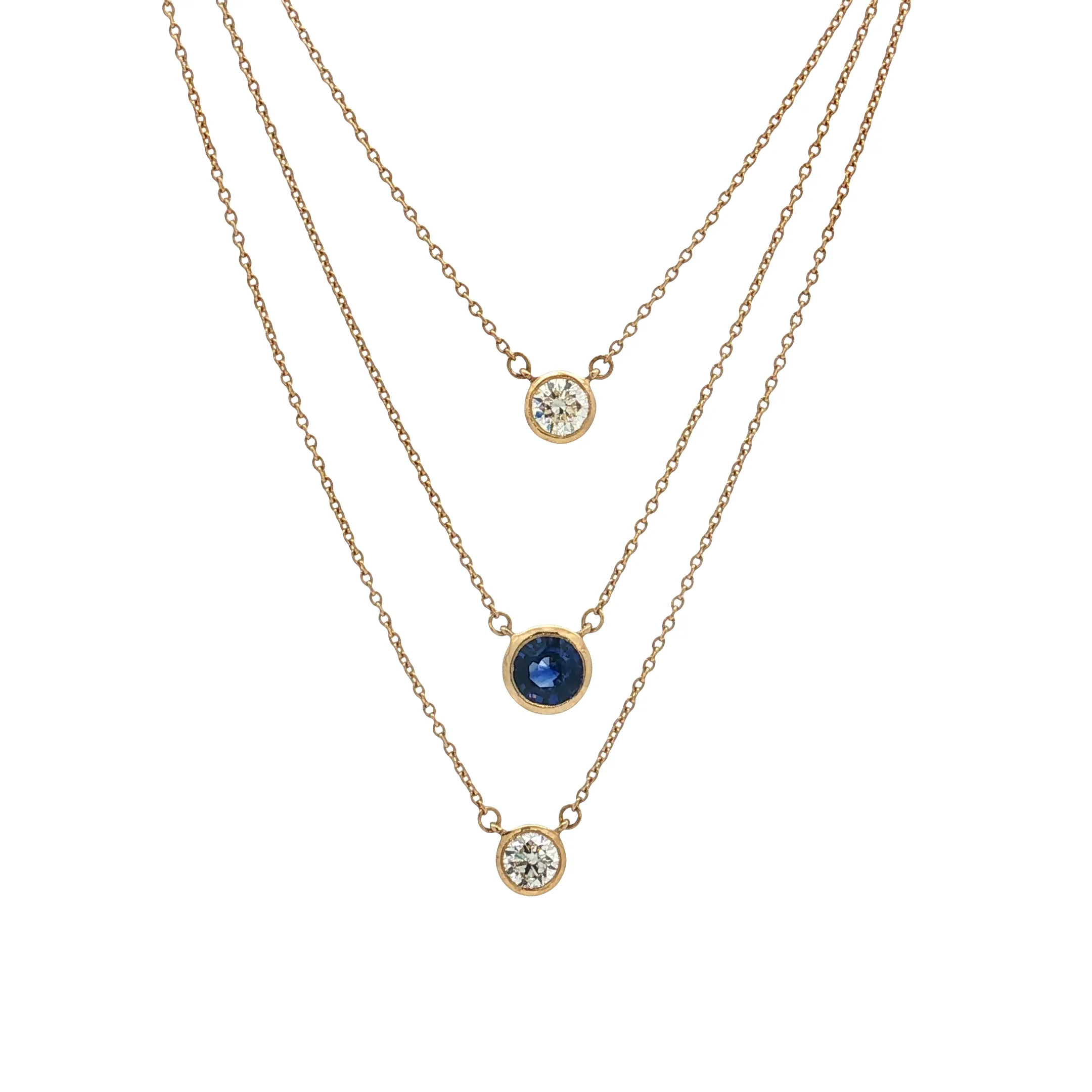 Triple Layer Sapphire & Diamond Necklace 18k Yellow Gold