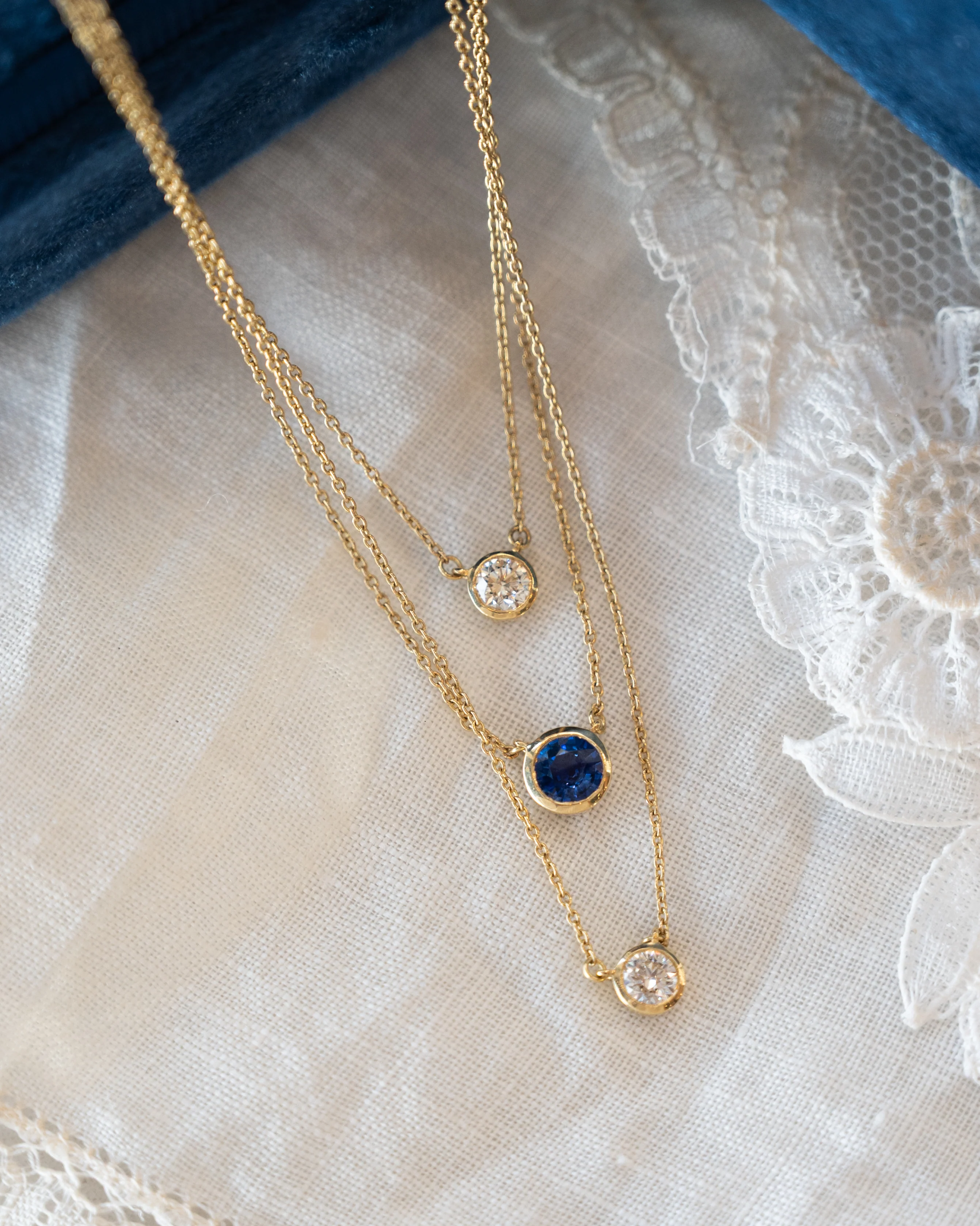 Triple Layer Sapphire & Diamond Necklace 18k Yellow Gold - Image 5