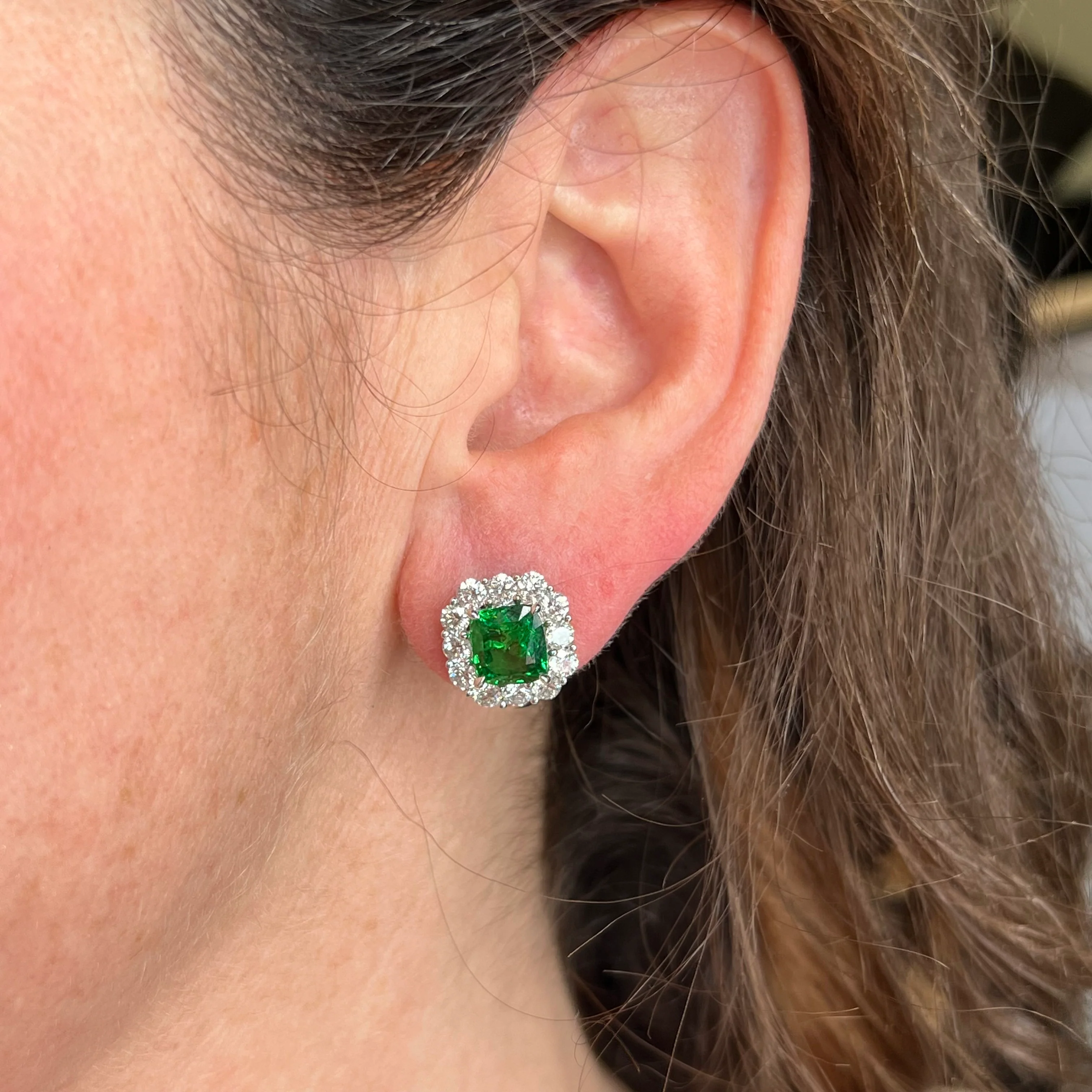 Tsavorite Garnet & Diamond Stud Earrings in Platinum - Image 4