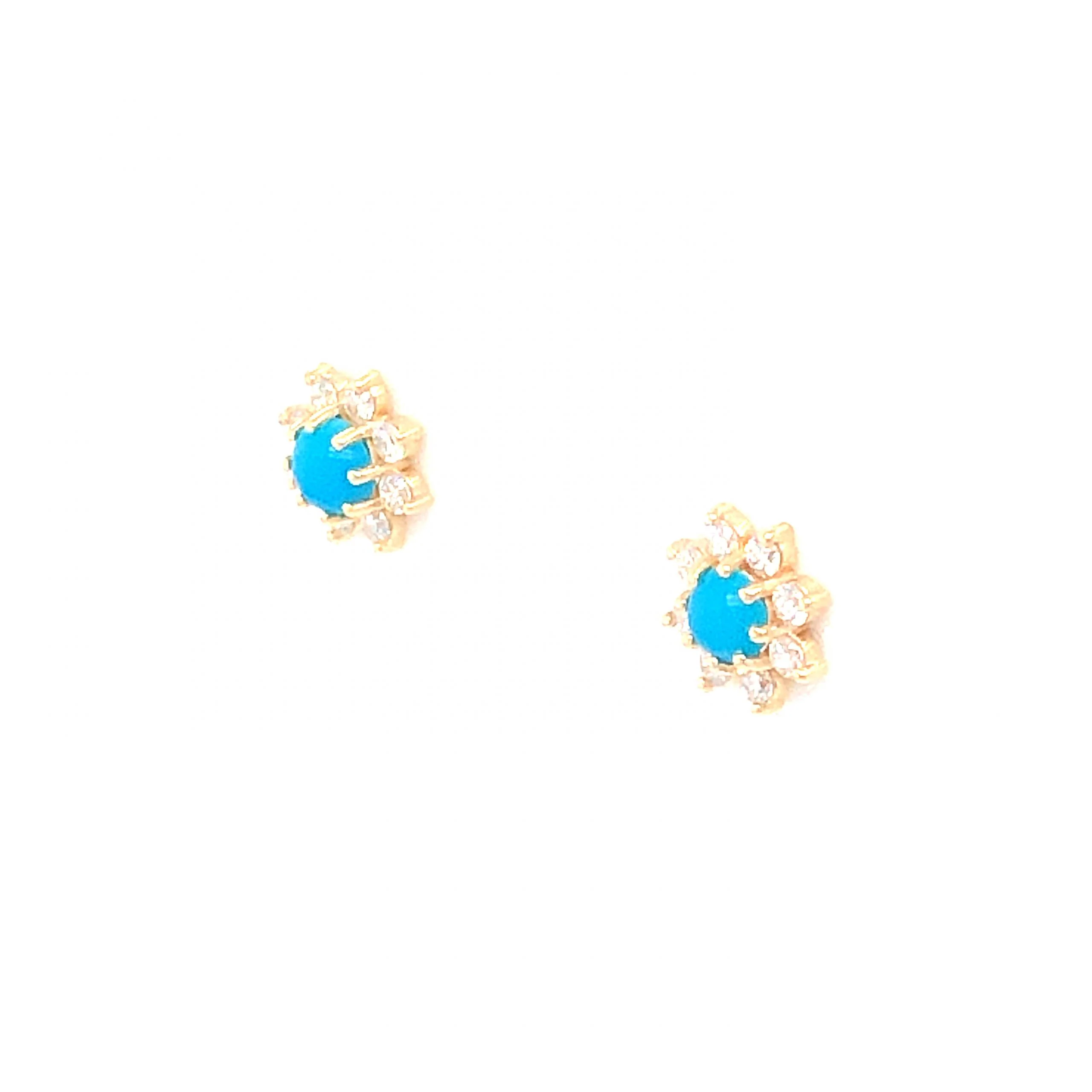 Turquoise and Diamond Stud Earrings in 14k Yellow Gold - Image 2