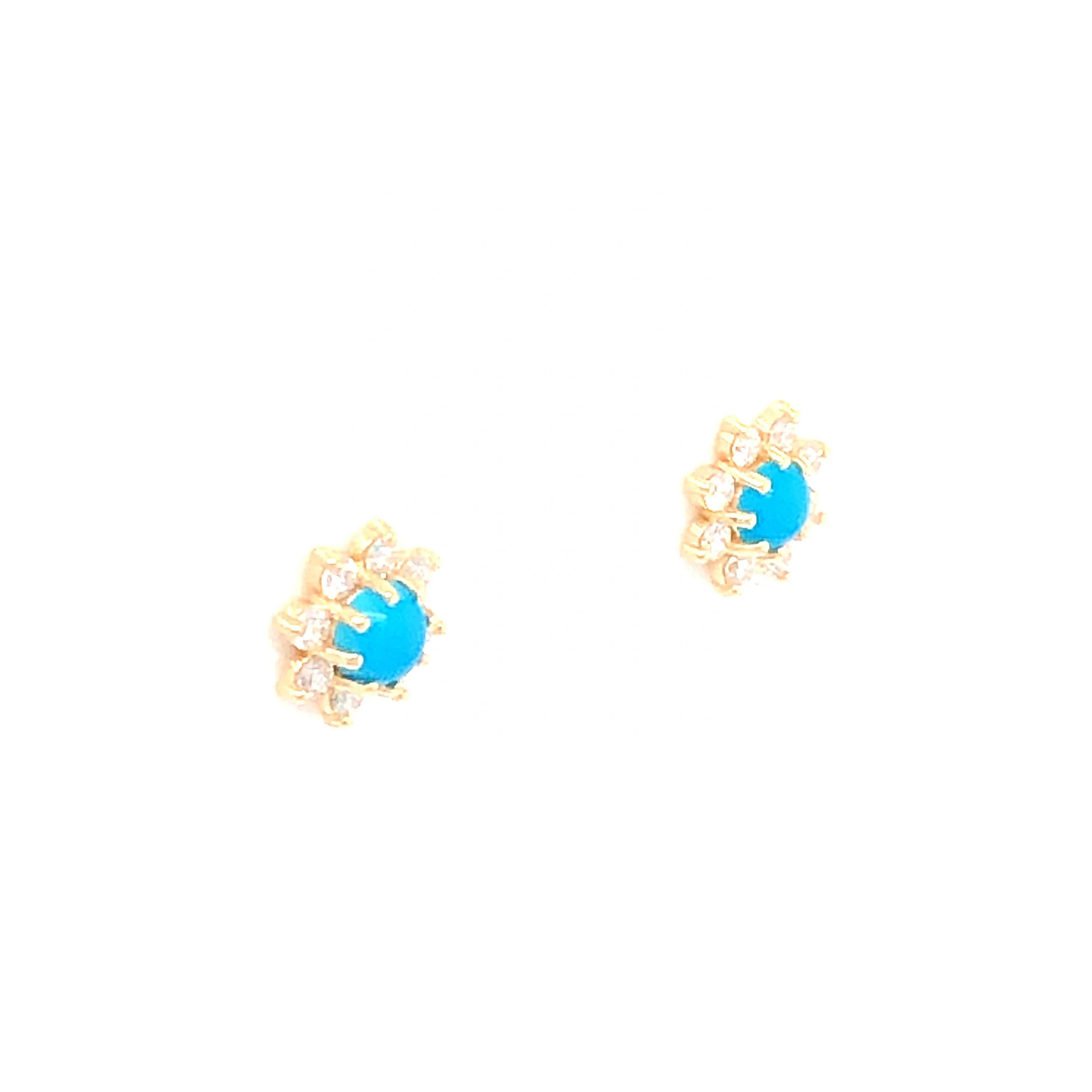 Turquoise and Diamond Stud Earrings in 14k Yellow Gold - Image 3