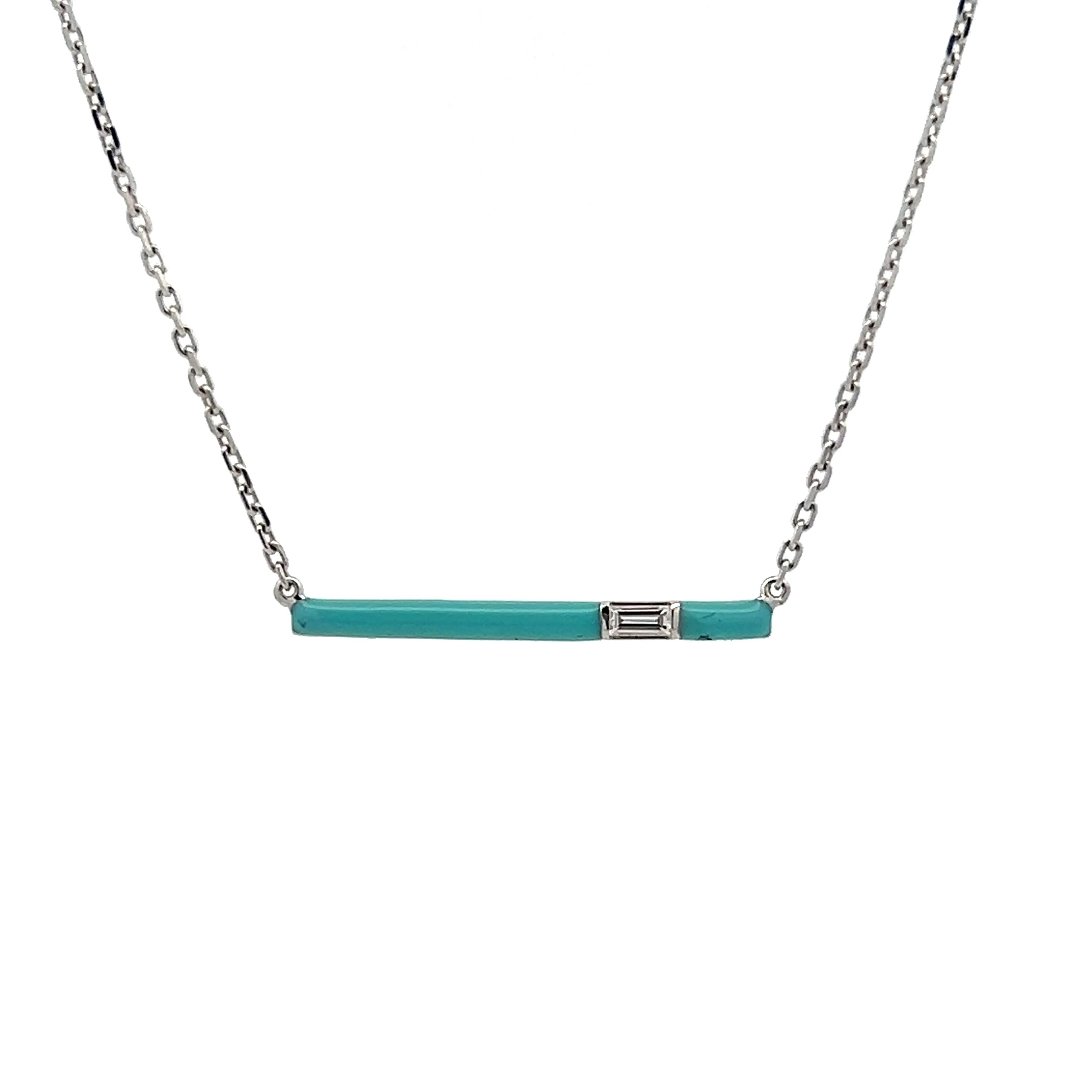Turquoise & Diamond Bar Pendant in 14k White Gold