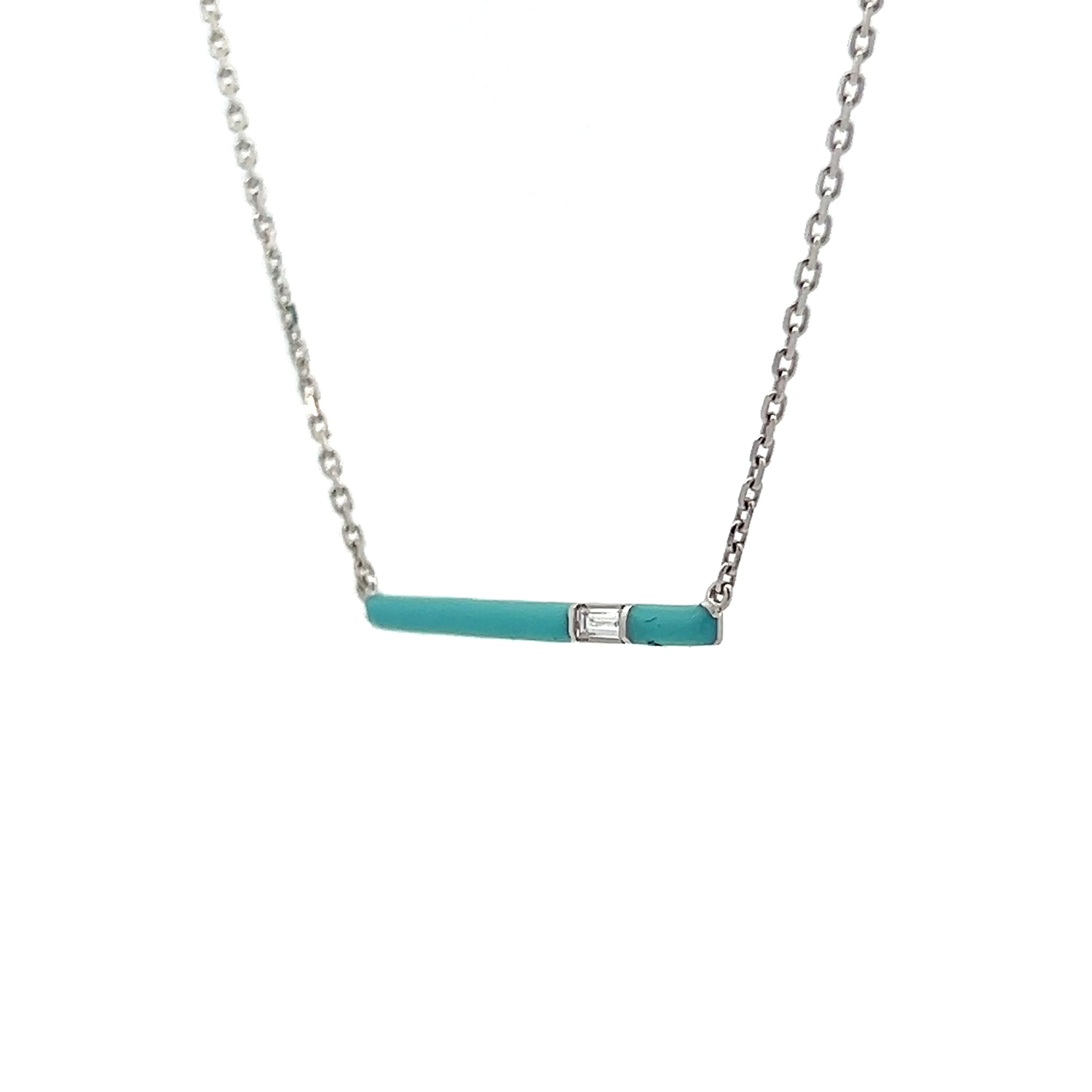Turquoise & Diamond Bar Pendant in 14k White Gold - Image 2