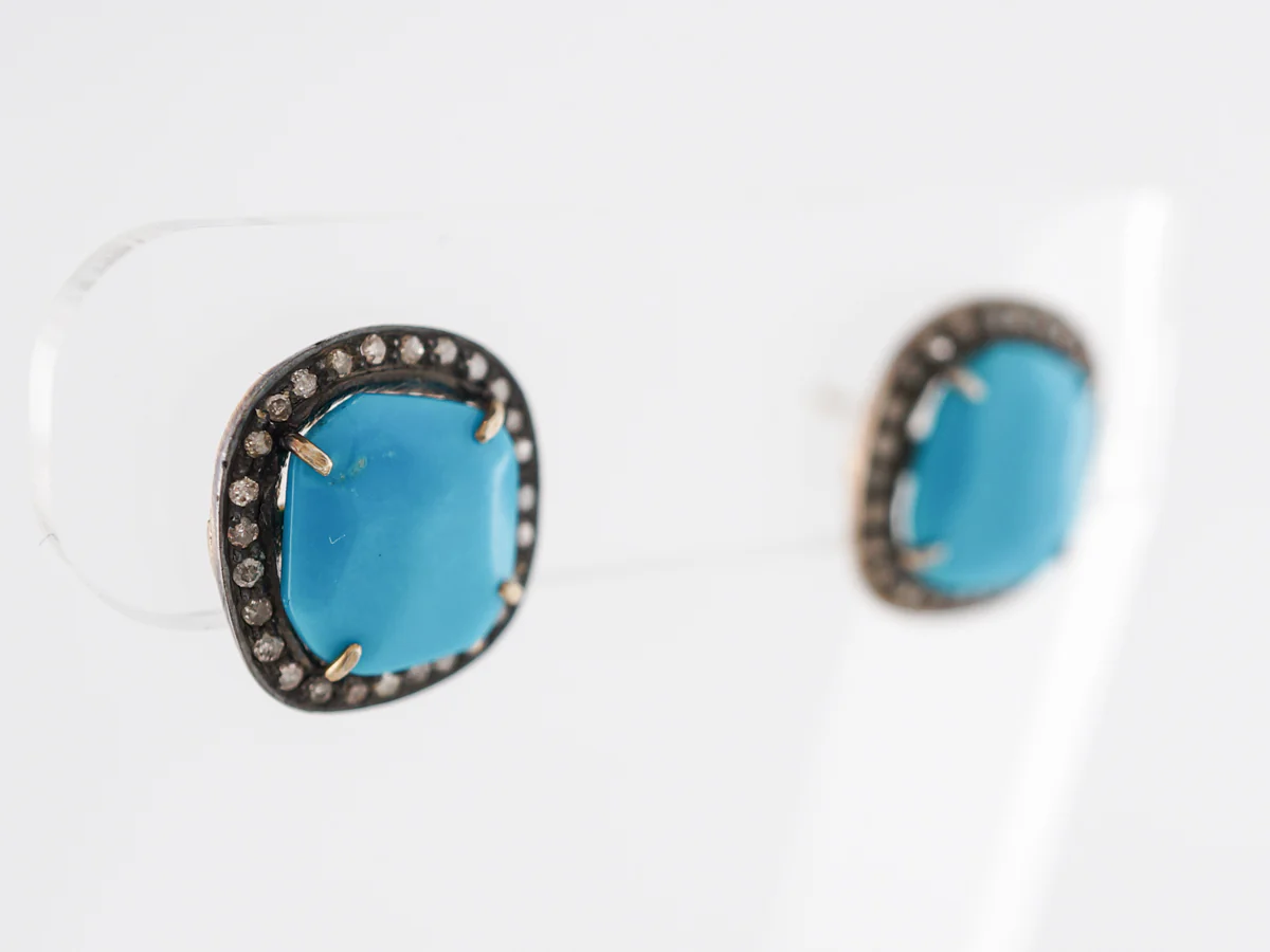 Turquoise & Diamond Earrings in Gold & Sterling Silver - Image 2