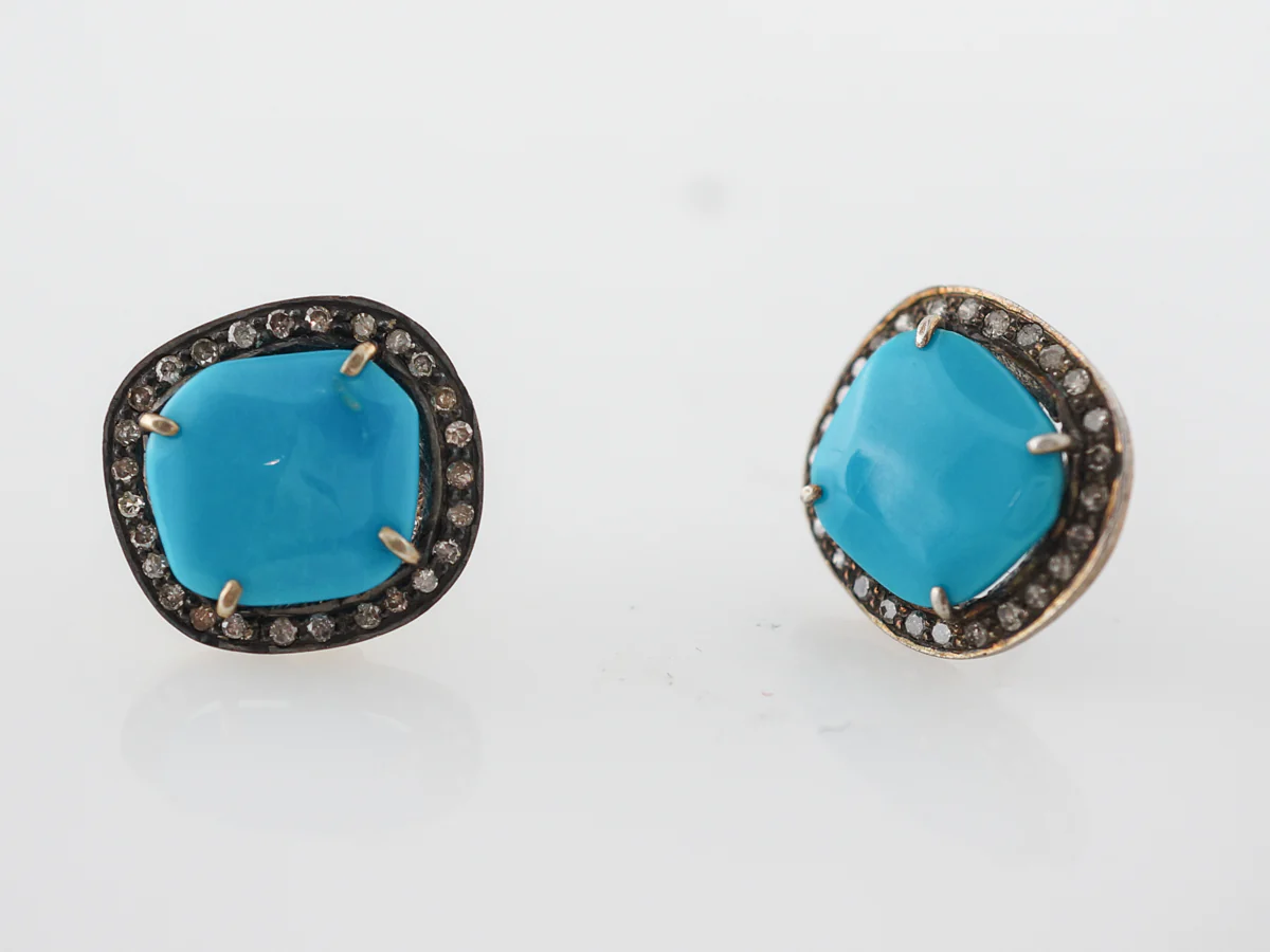 Turquoise & Diamond Earrings in Gold & Sterling Silver - Image 4