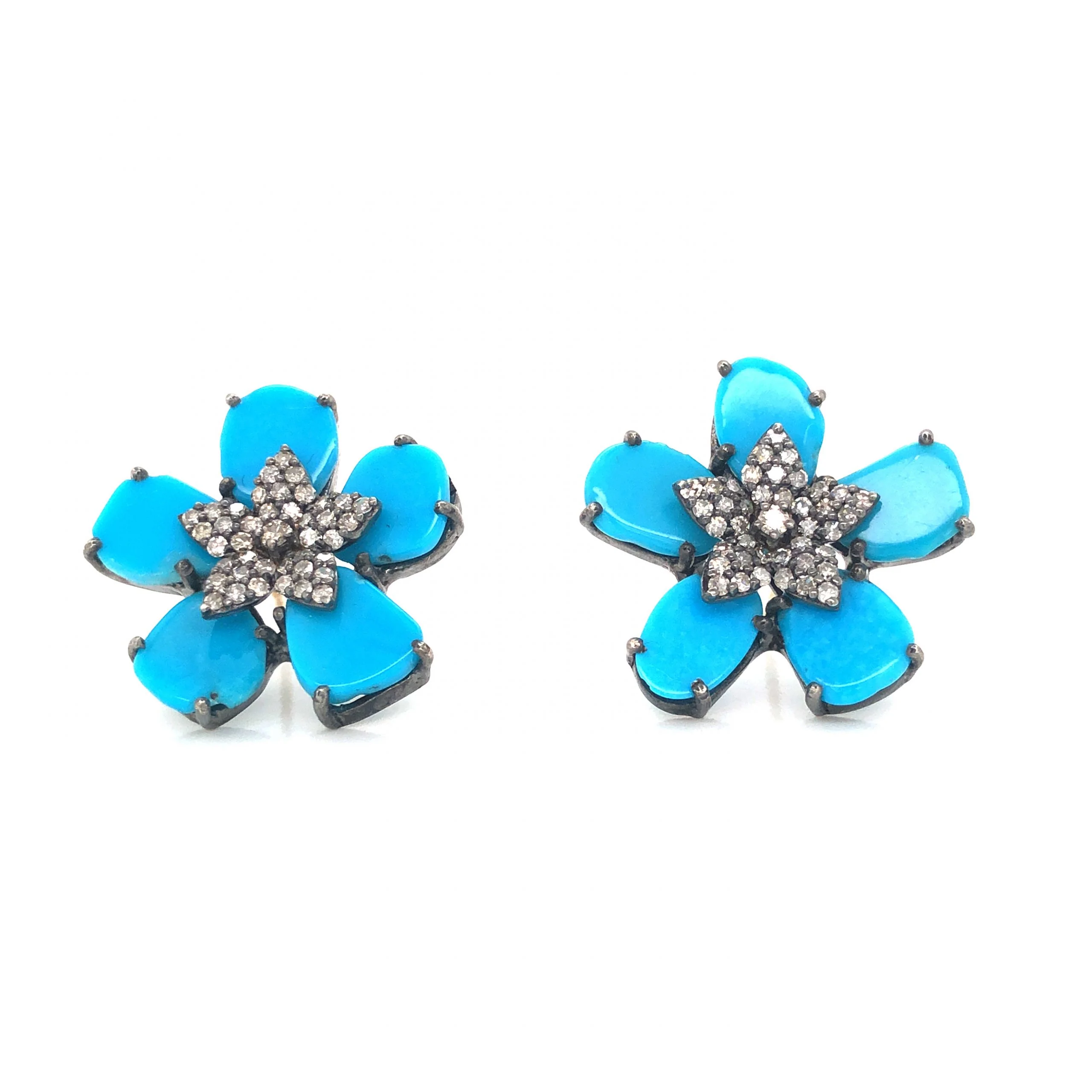 Turquoise & Diamond Flower Stud Earrings in Sterling Silver - Image 4