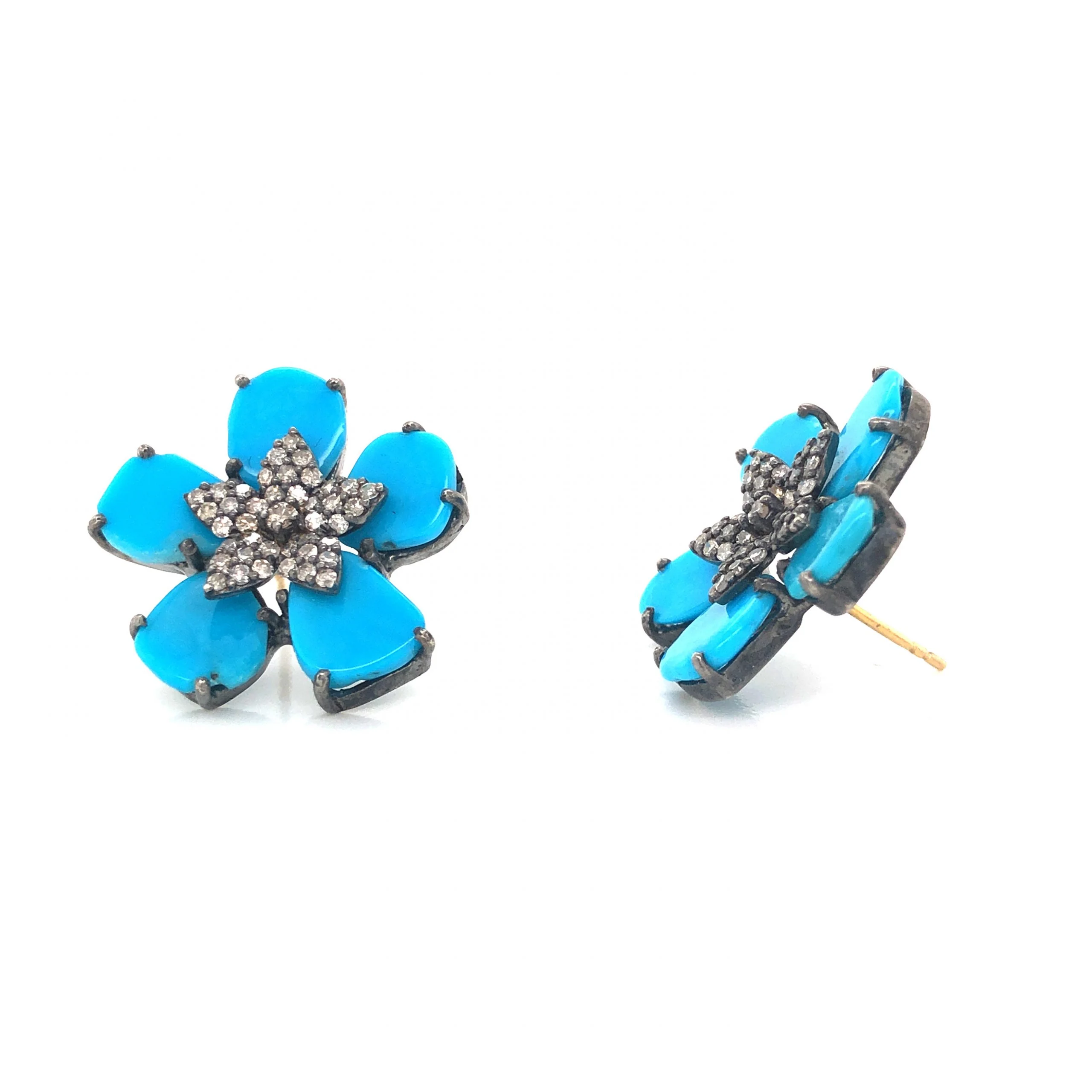 Turquoise & Diamond Flower Stud Earrings in Sterling Silver - Image 5