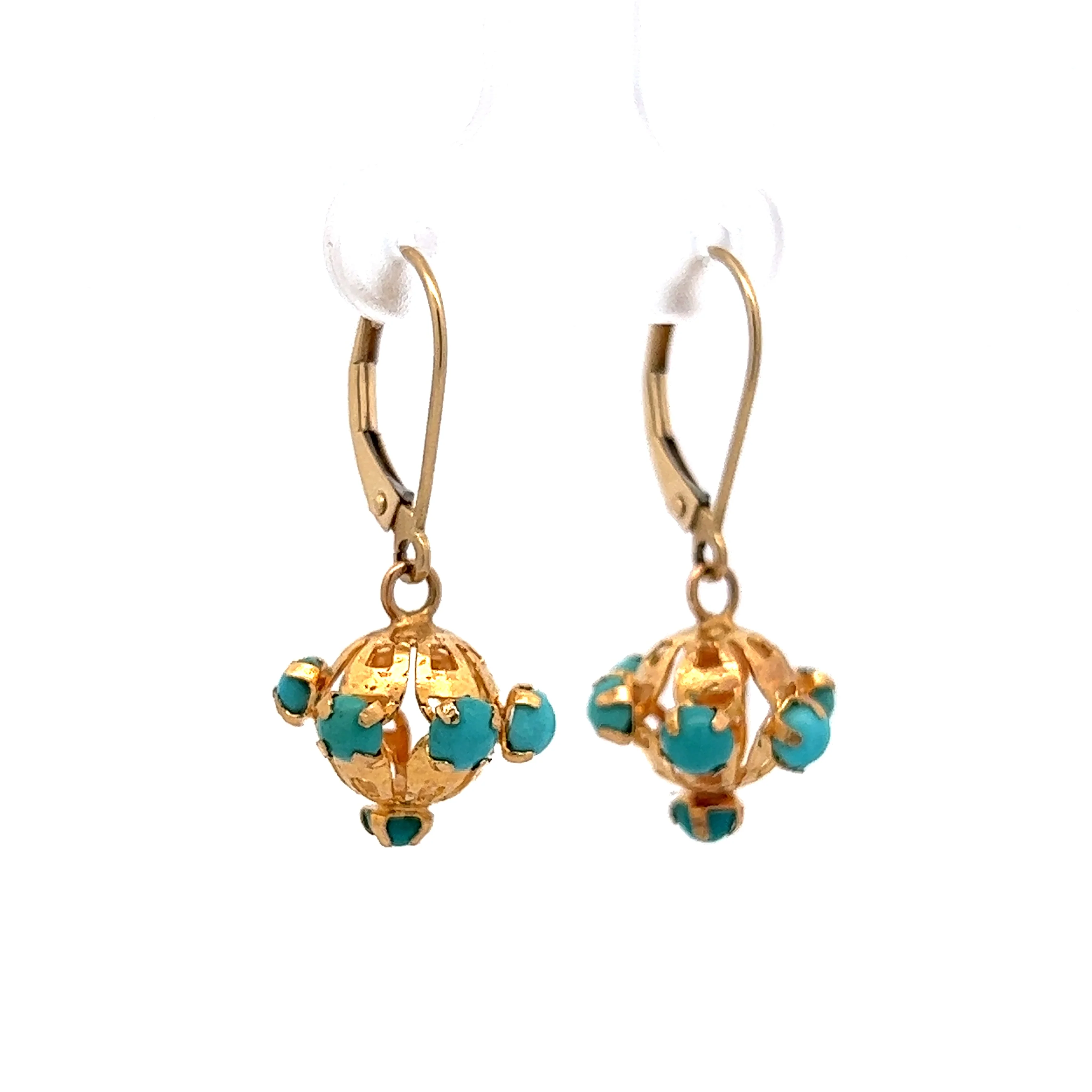 Vintage Mid-Century Turquoise Drop Earrings in 14k Yellow Gold - Image 3