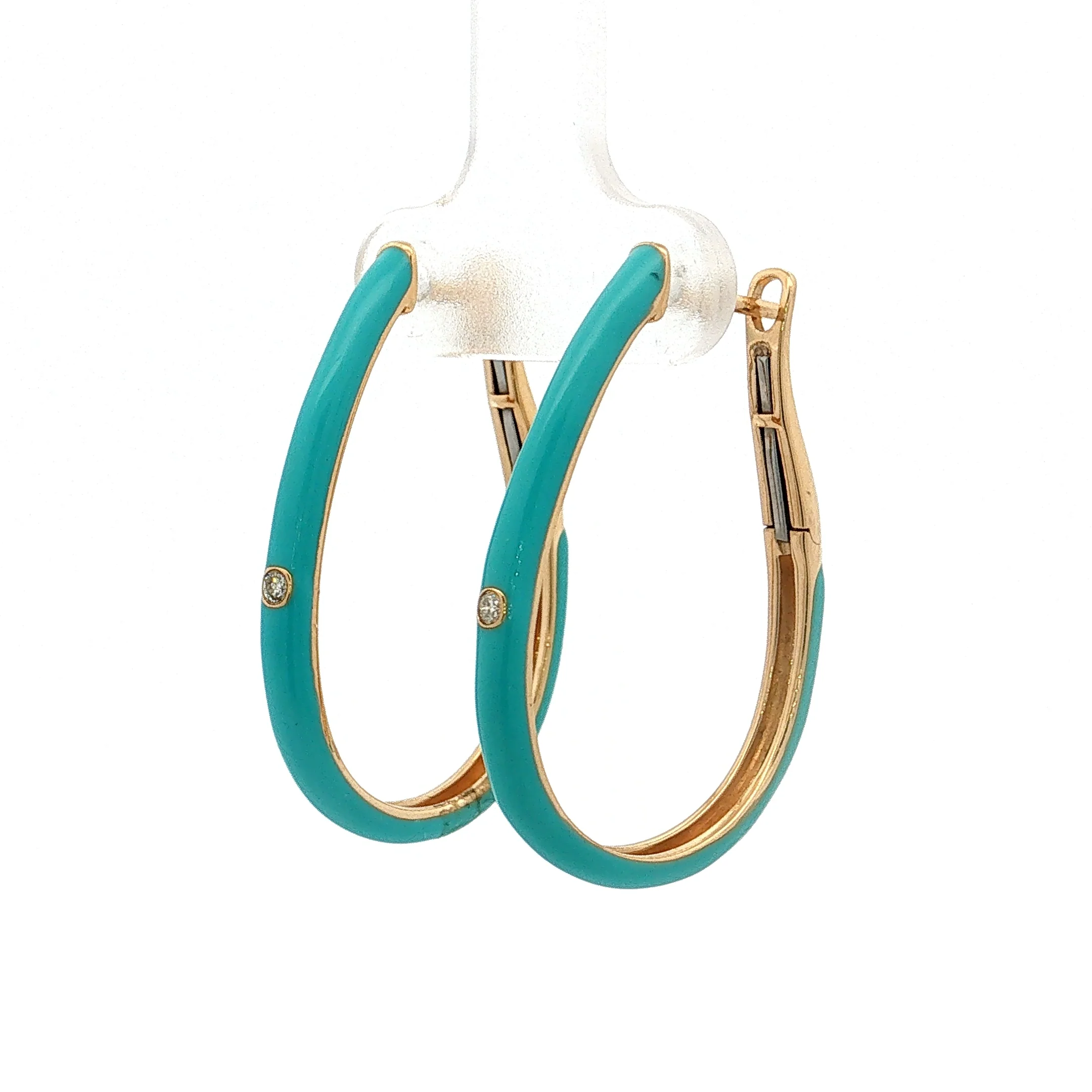 Turquoise Enamel Diamond Hoop Earrings 14k - Image 2