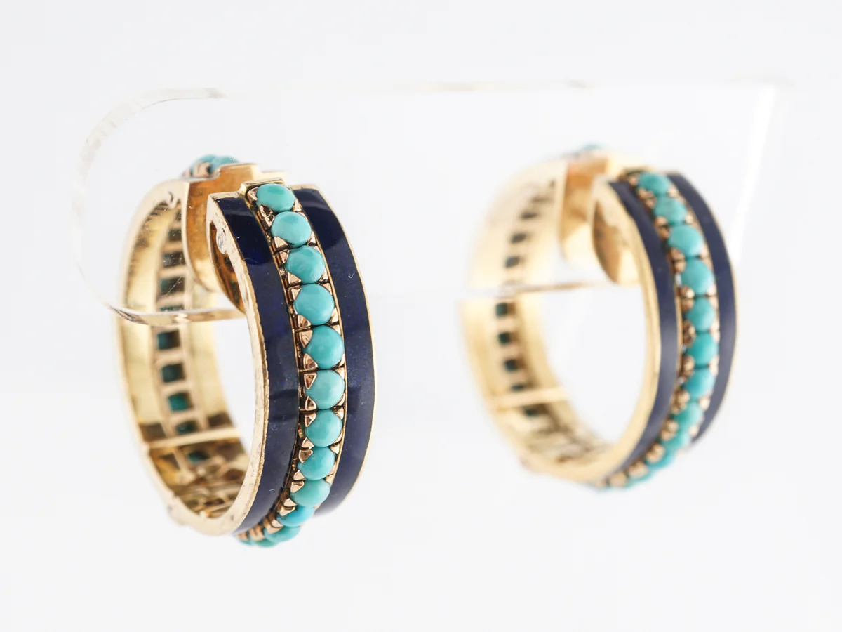 Thick Hoop Earrings w/ Turquoise  in 18k Yellow Gold - Image 3