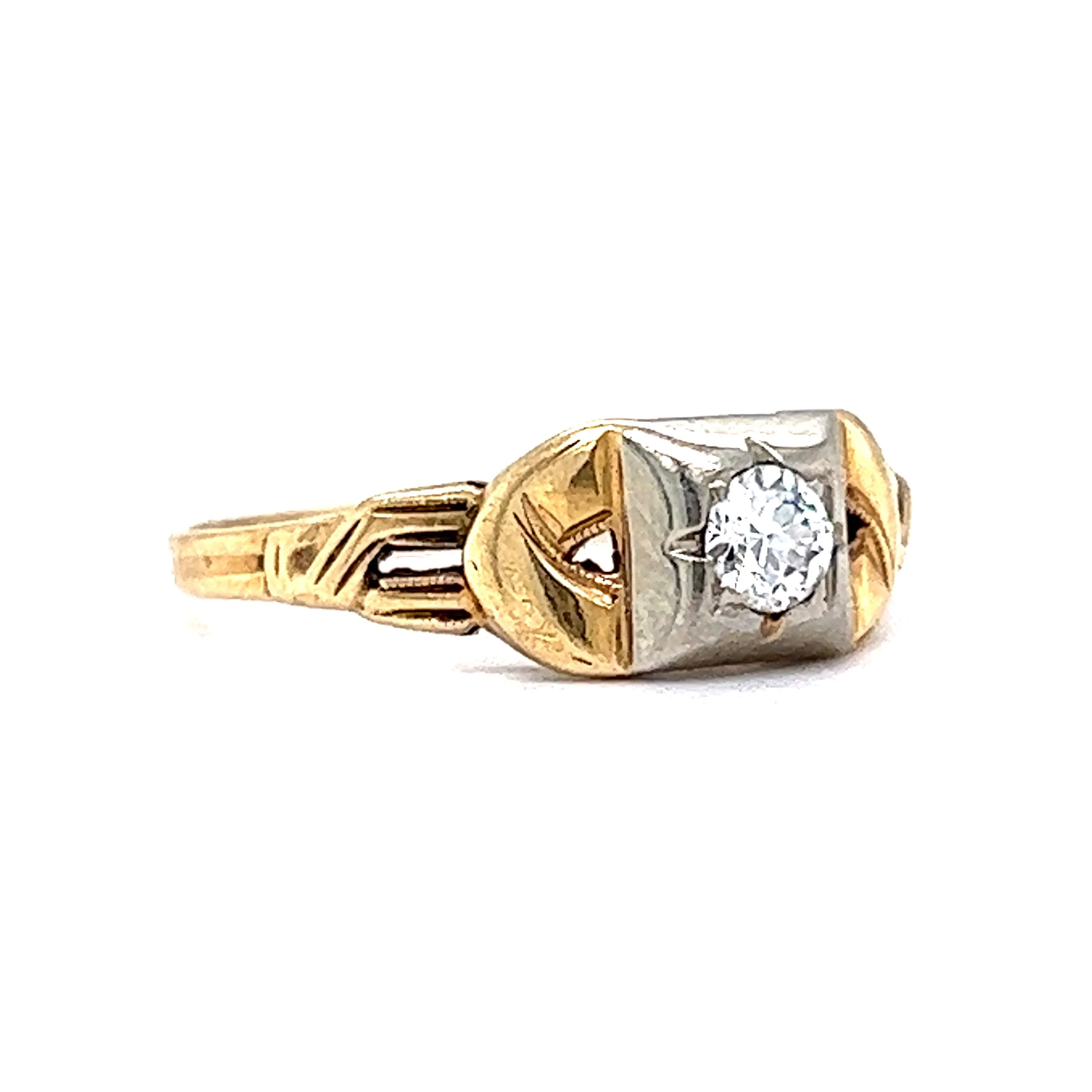 Two Tone Diamond Ring Retro 1940's in 14k Yellow Gold - Image 3