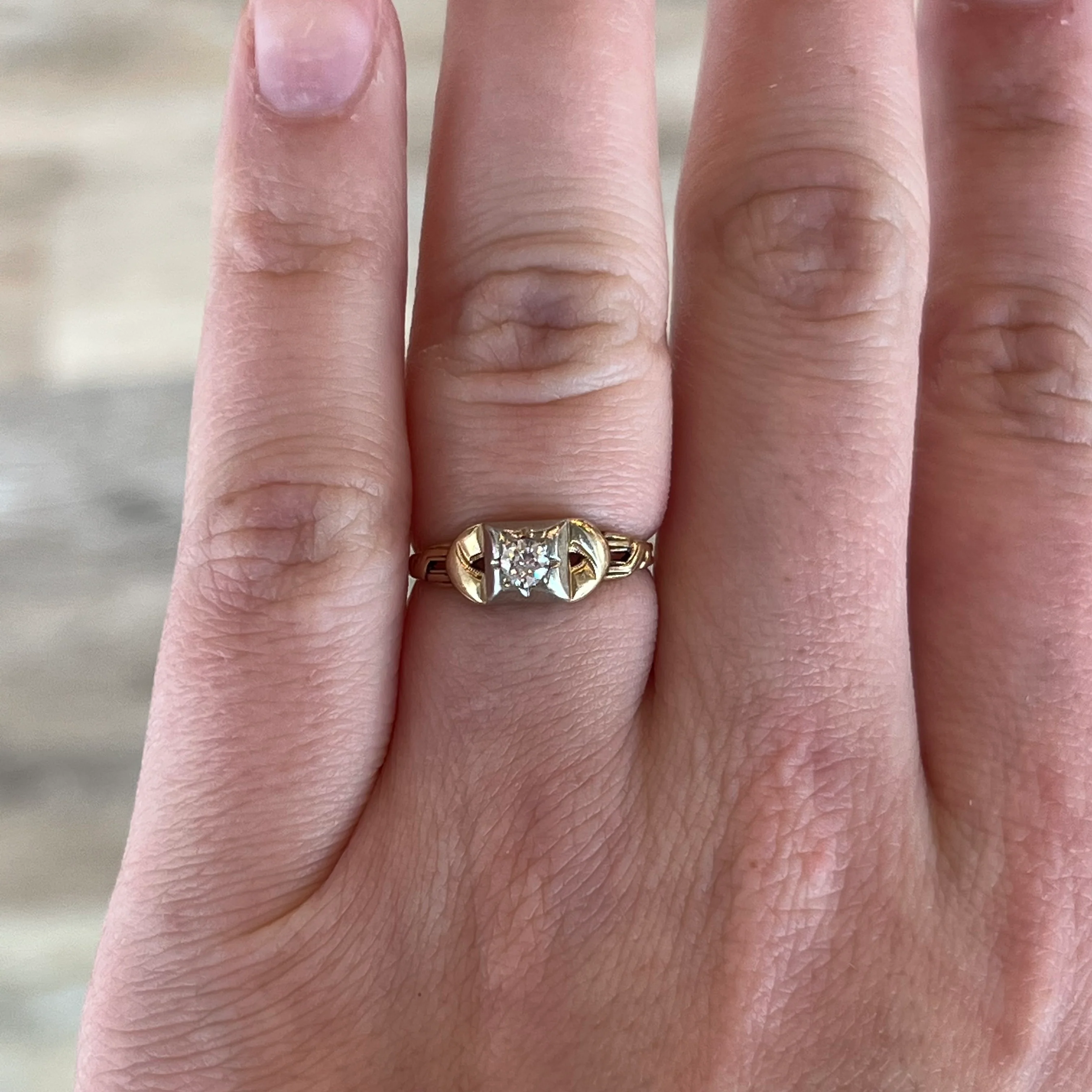 Two Tone Diamond Ring Retro 1940's in 14k Yellow Gold - Image 6