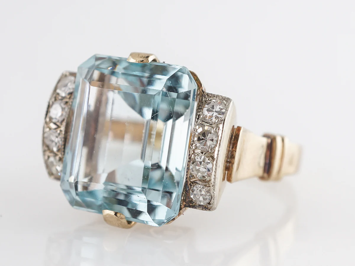 Two-Tone Emerald Cut Aquamarine Ring w/ Diamonds in 14k - Image 2